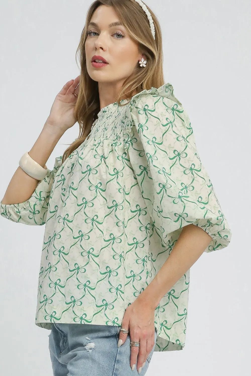 Umgee Ruffled Bow Print Notched Blouse - Jennie Dots