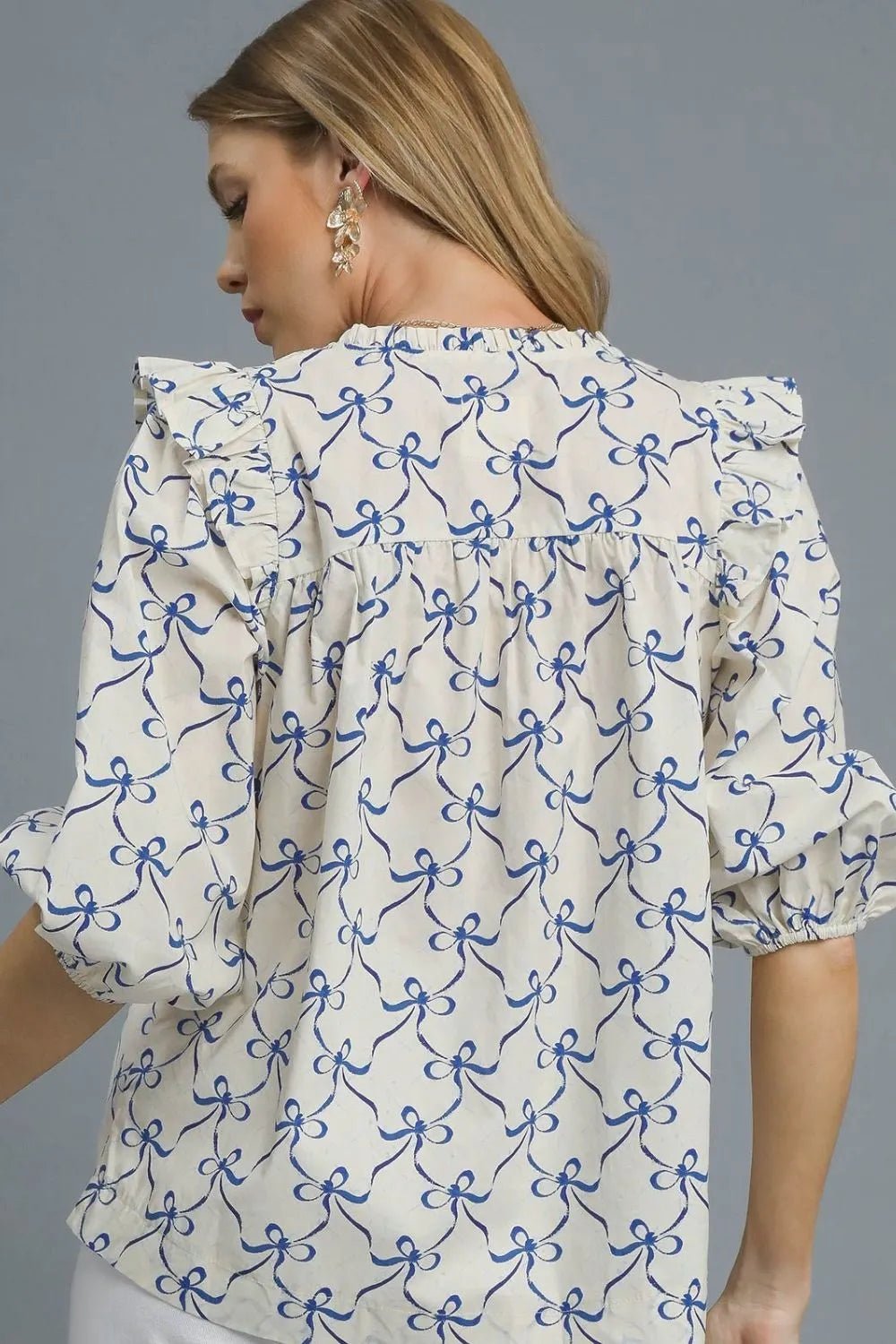 Umgee Ruffled Bow Print Notched Blouse - Jennie Dots
