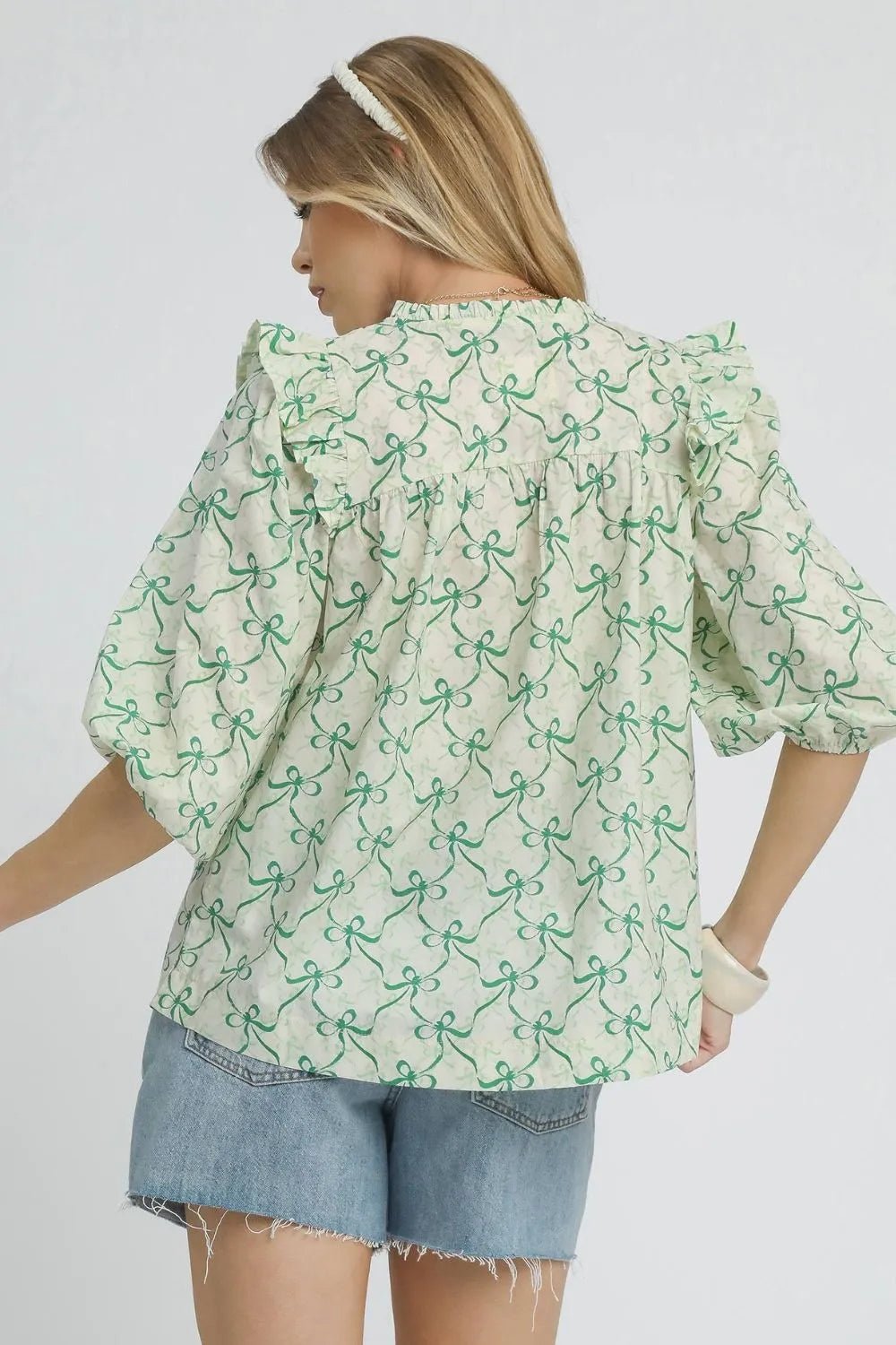 Umgee Ruffled Bow Print Notched Blouse - Jennie Dots