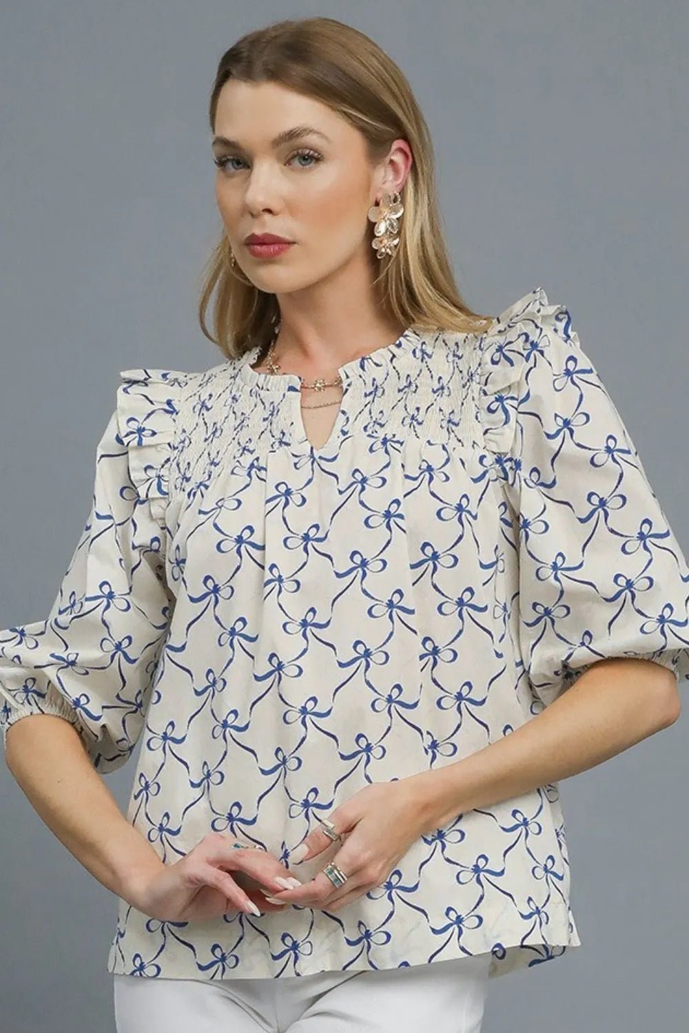 Umgee Ruffled Bow Print Notched Blouse - Jennie Dots