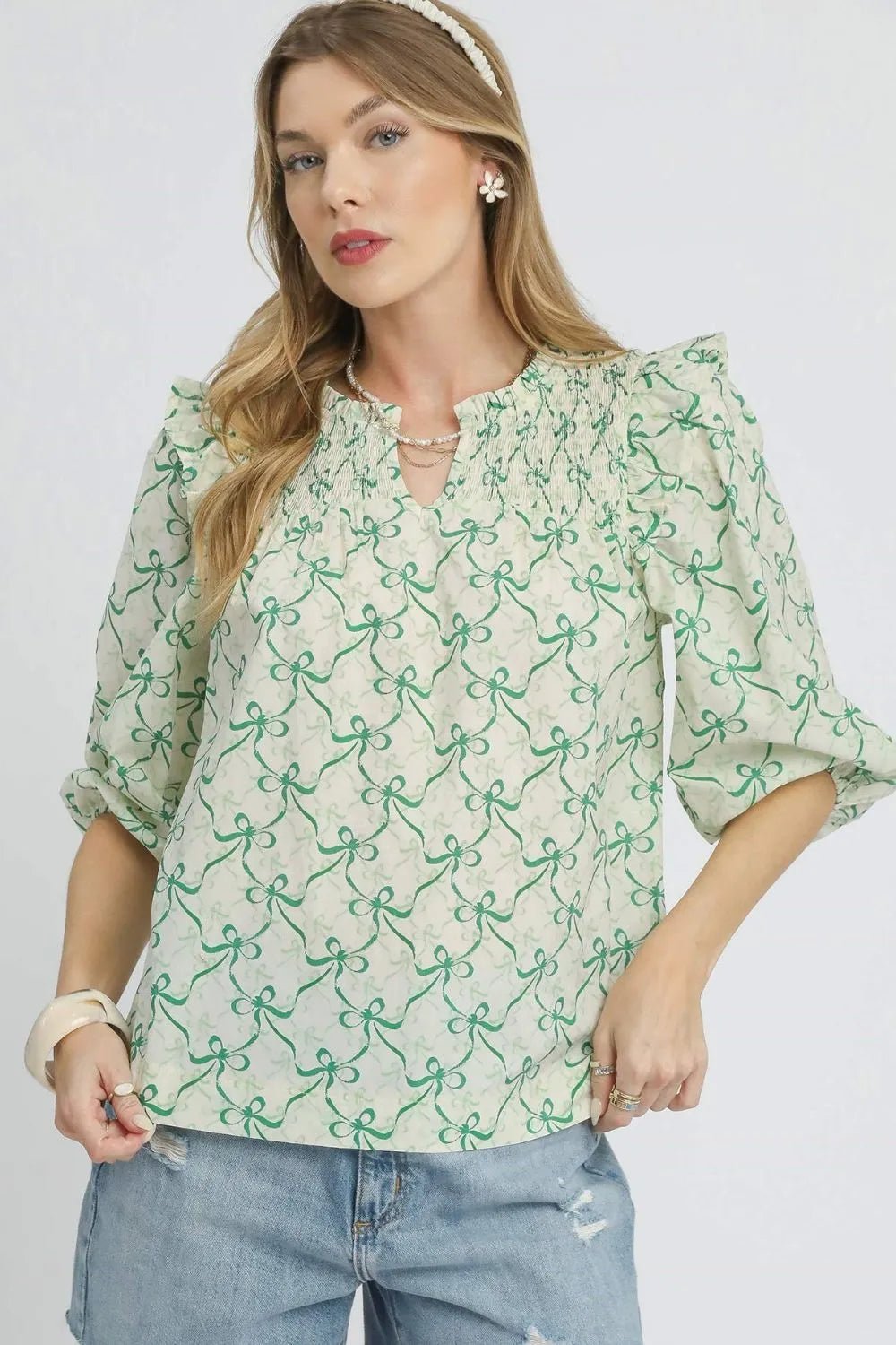 Umgee Ruffled Bow Print Notched Blouse - Jennie Dots