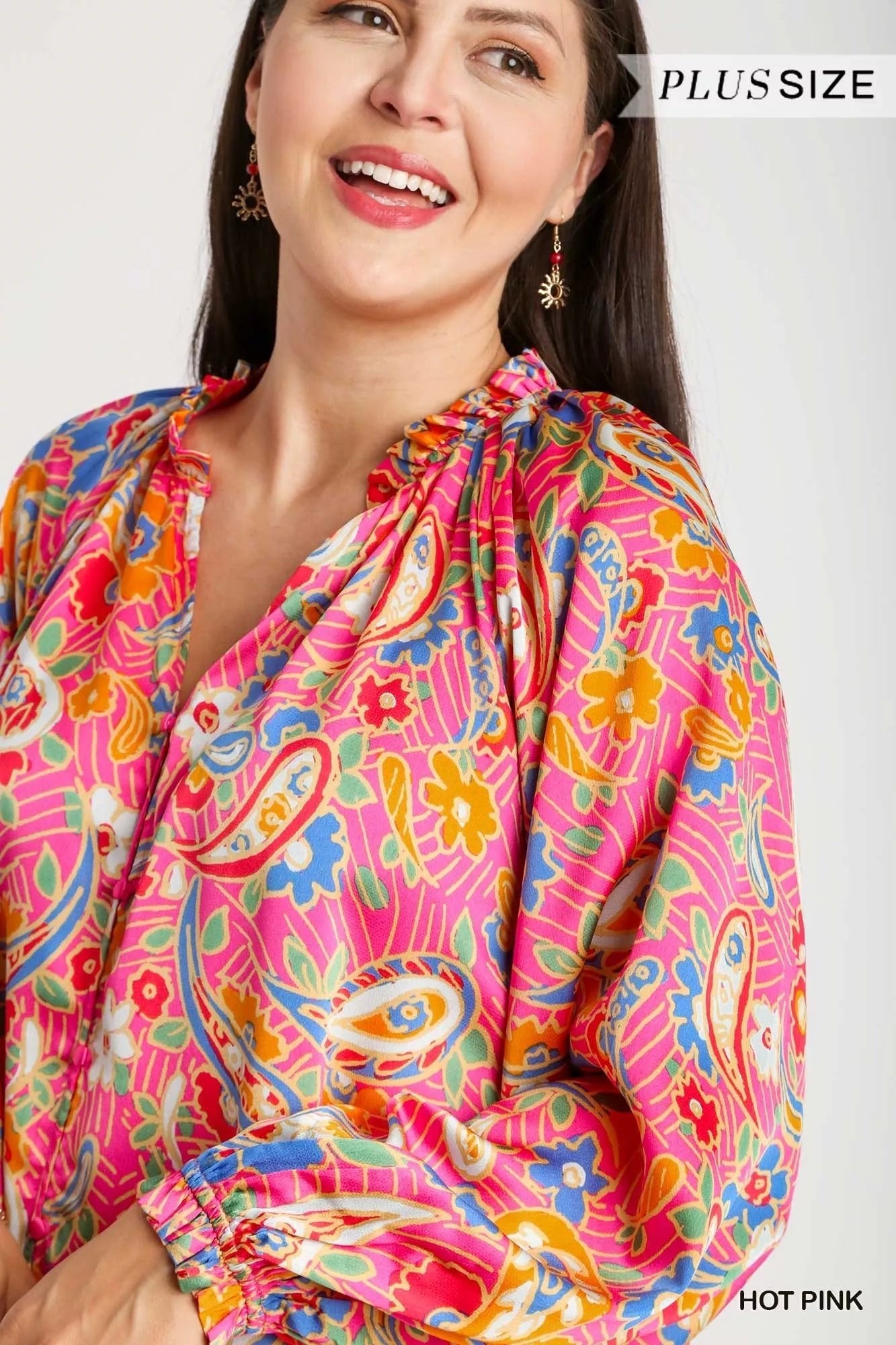 Umgee Satin Paisley Ruffle Neck Button - Up Shirt - Jennie Dots