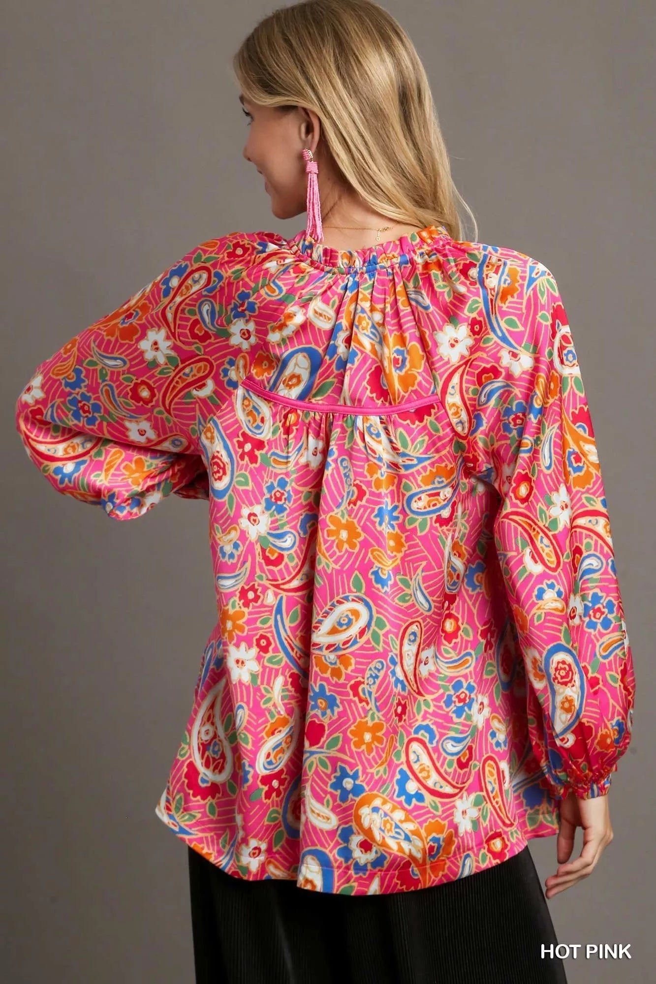 Umgee Satin Paisley Ruffle Neck Button - Up Shirt - Jennie Dots