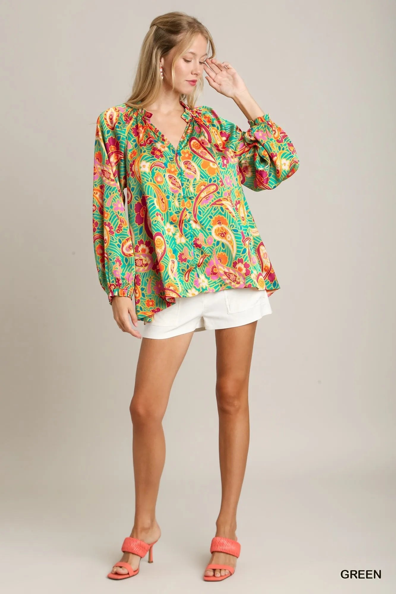 Umgee Satin Paisley Ruffle Neck Button - Up Shirt - Jennie Dots