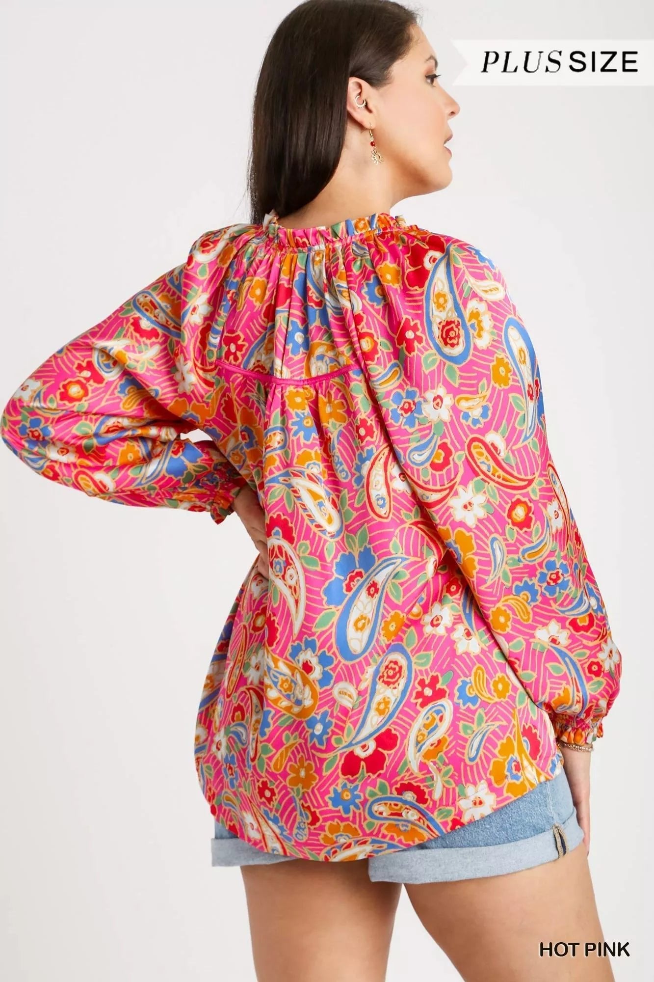 Umgee Satin Paisley Ruffle Neck Button - Up Shirt - Jennie Dots