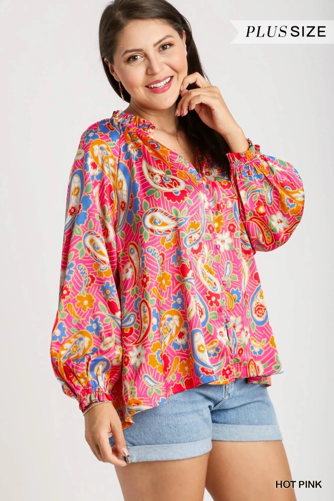 Umgee Satin Paisley Ruffle Neck Button - Up Shirt - Jennie Dots