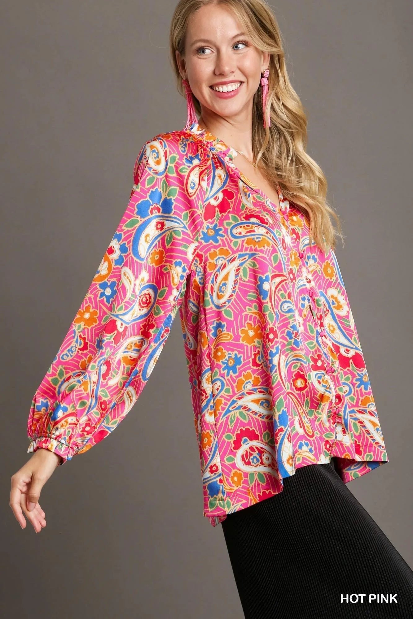 Umgee Satin Paisley Ruffle Neck Button - Up Shirt - Jennie Dots