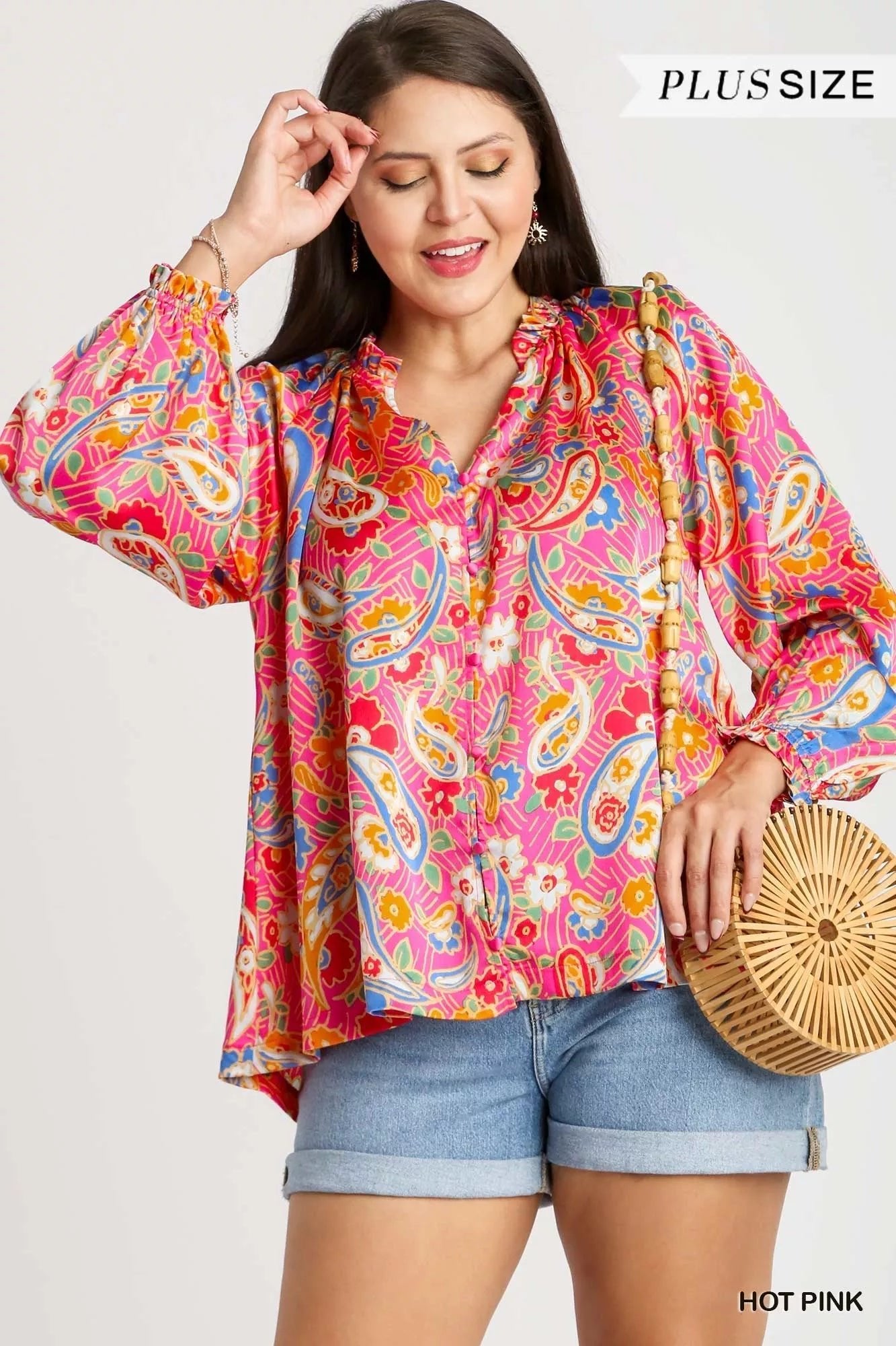 Umgee Satin Paisley Ruffle Neck Button - Up Shirt - Jennie Dots