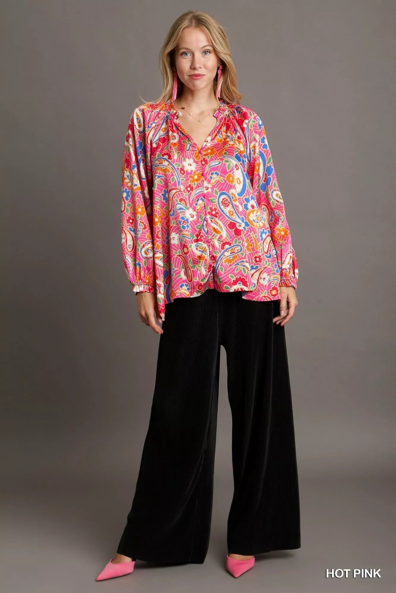 Umgee Satin Paisley Ruffle Neck Button - Up Shirt - Jennie Dots