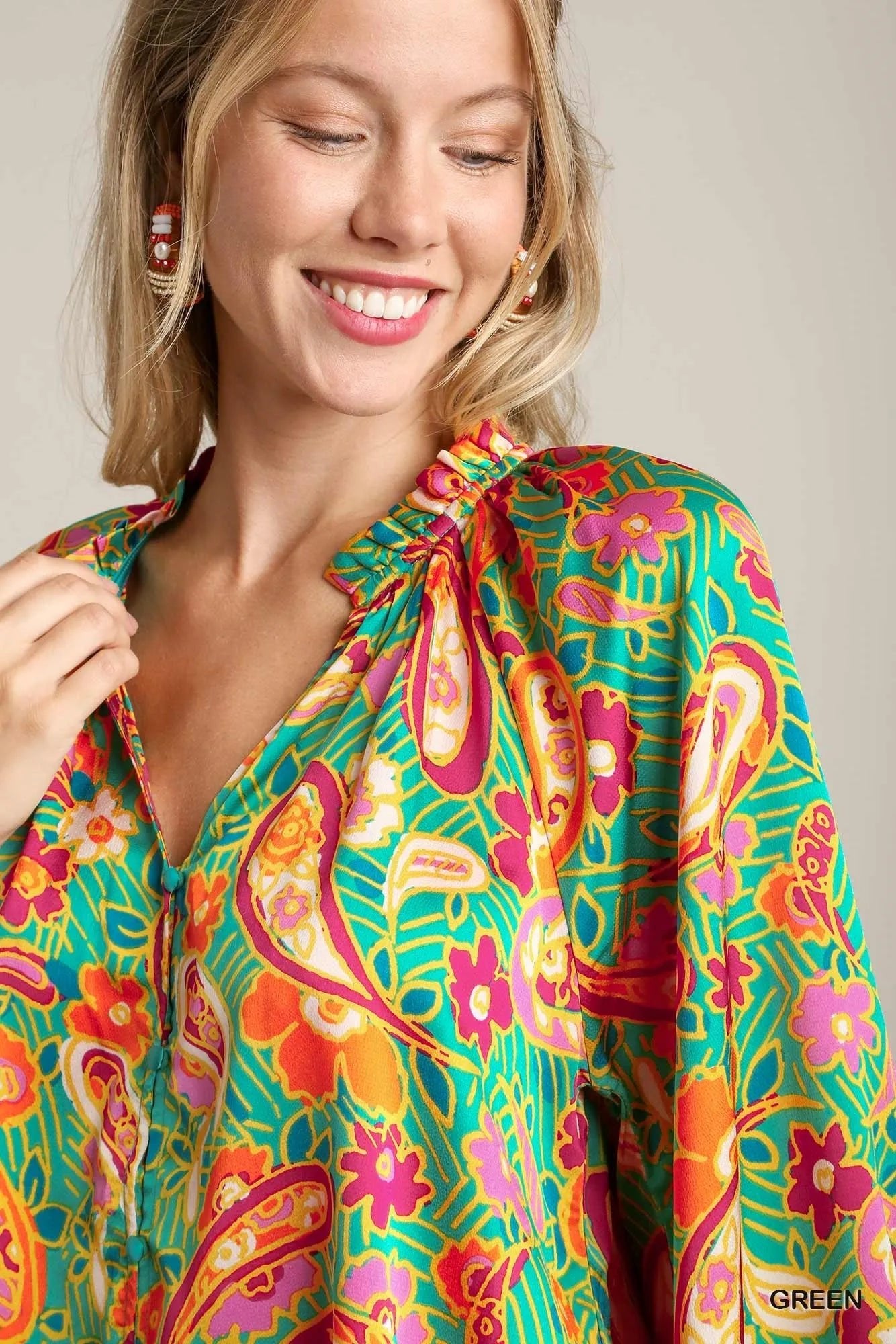 Umgee Satin Paisley Ruffle Neck Button - Up Shirt - Jennie Dots