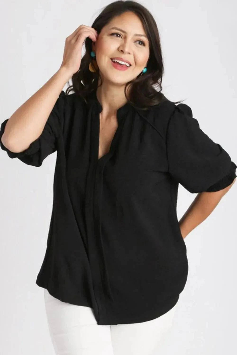 Umgee Split Neck Boxy Cut Top with Piping, black, ruffled style, comfortable fit, slightly stretchy.