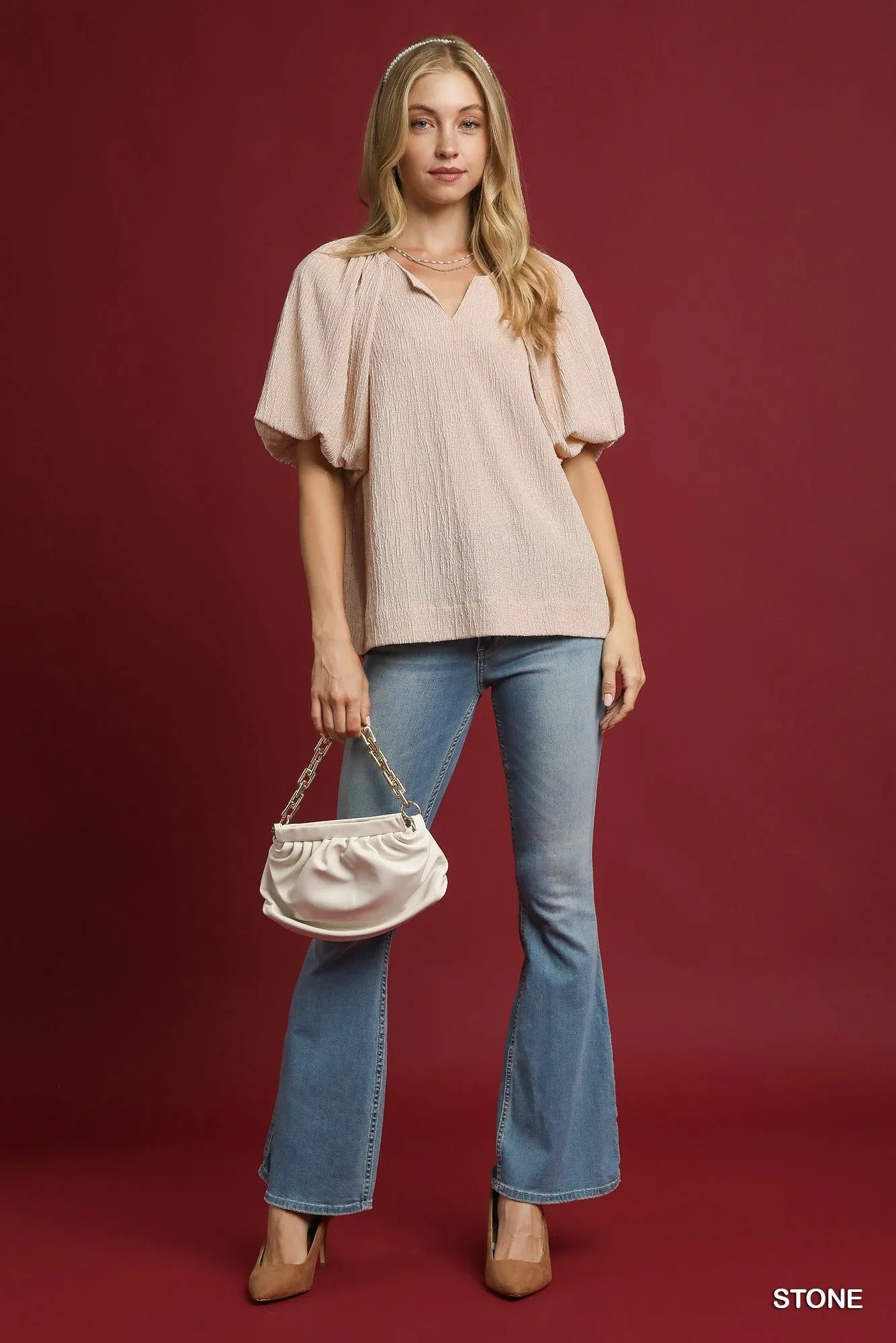 Umgee Texture Puff Sleeve Notched Blouse - Jennie Dots