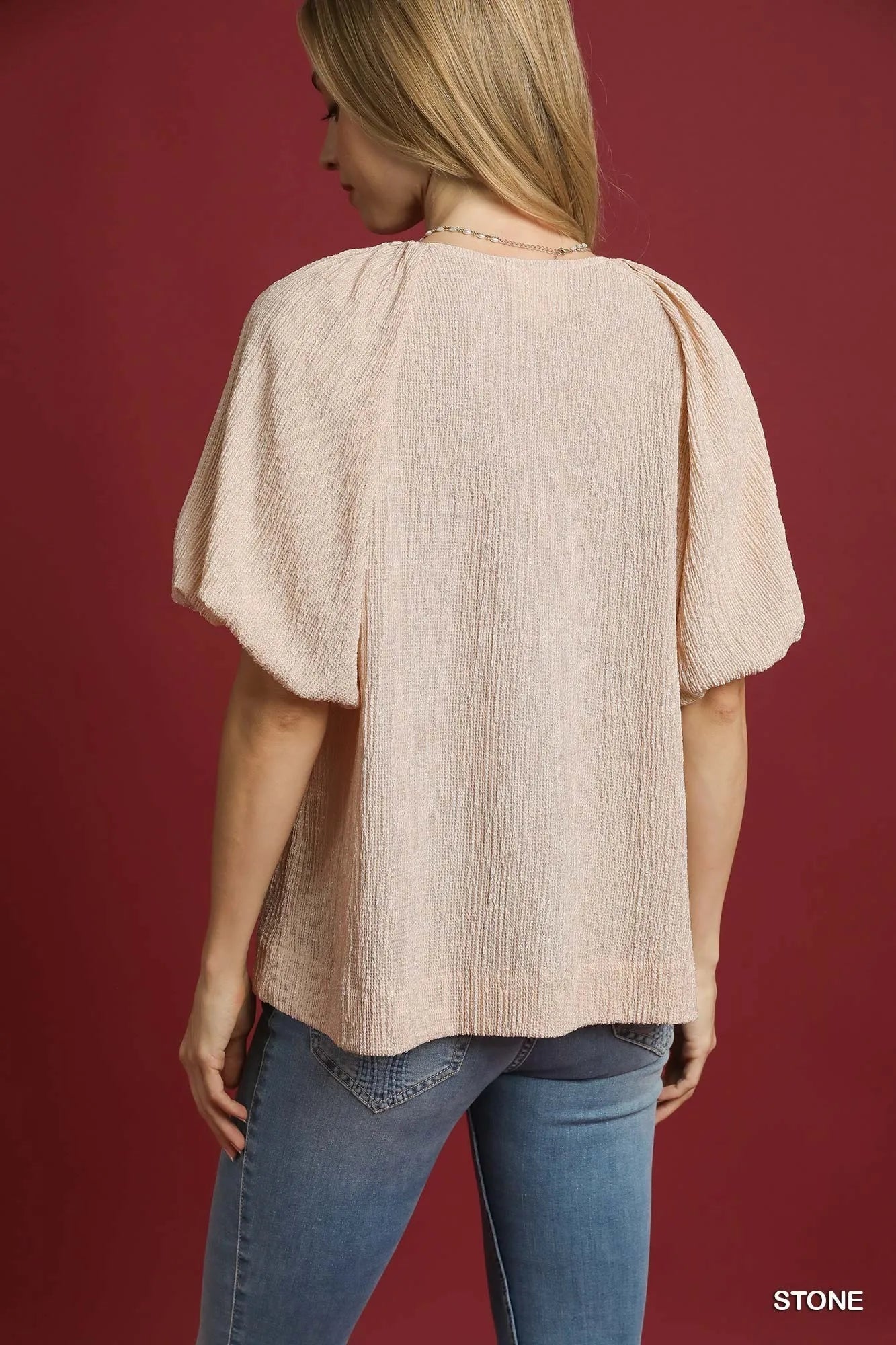 Umgee Texture Puff Sleeve Notched Blouse - Jennie Dots