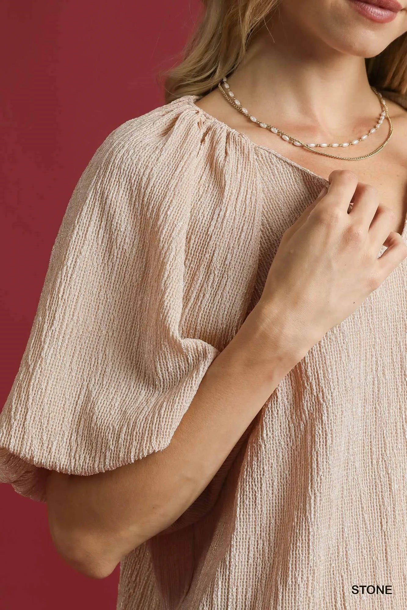 Umgee Texture Puff Sleeve Notched Blouse - Jennie Dots