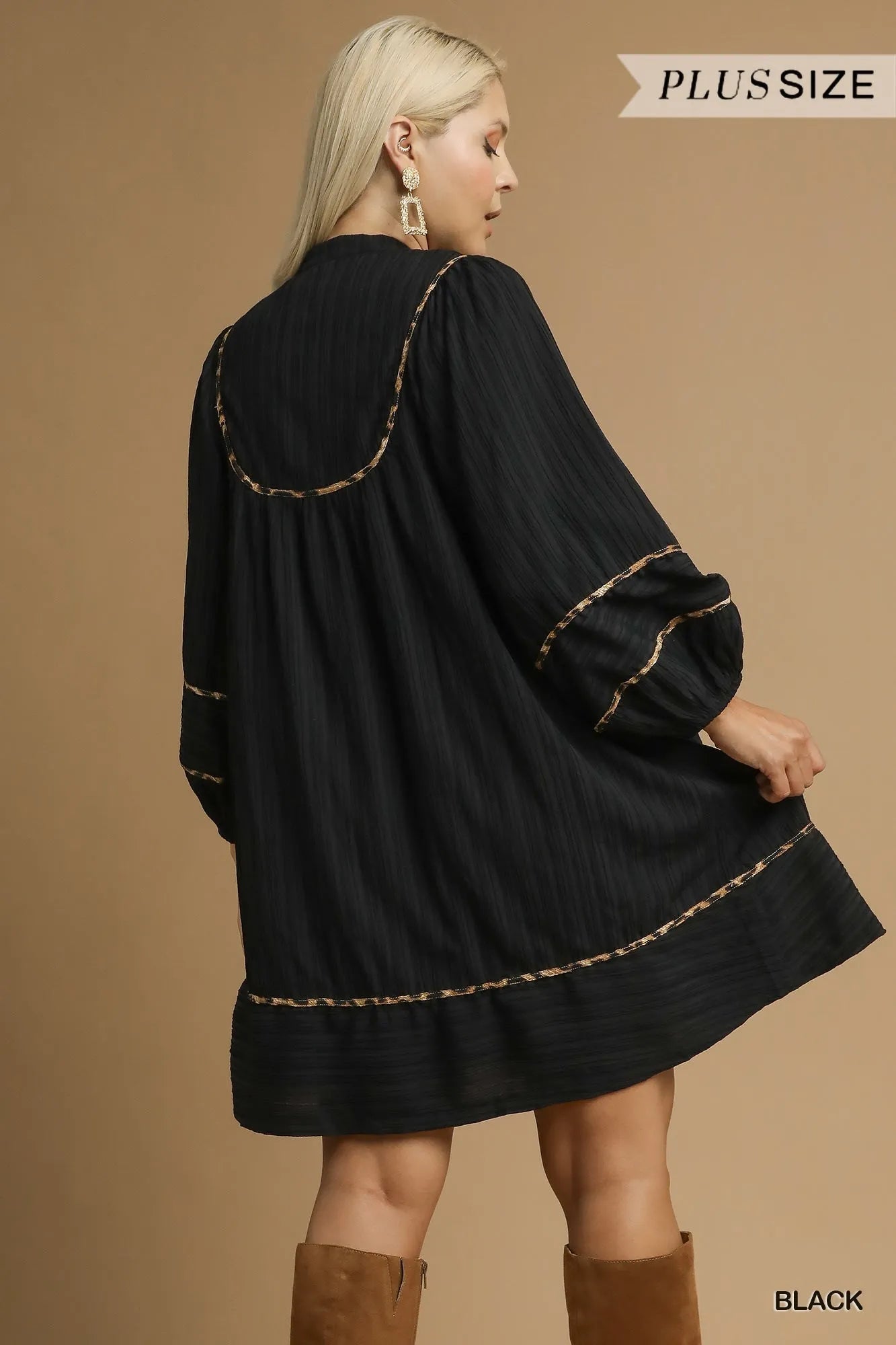 Umgee Textured Babydoll Dress with Leopard Trim - Jennie Dots