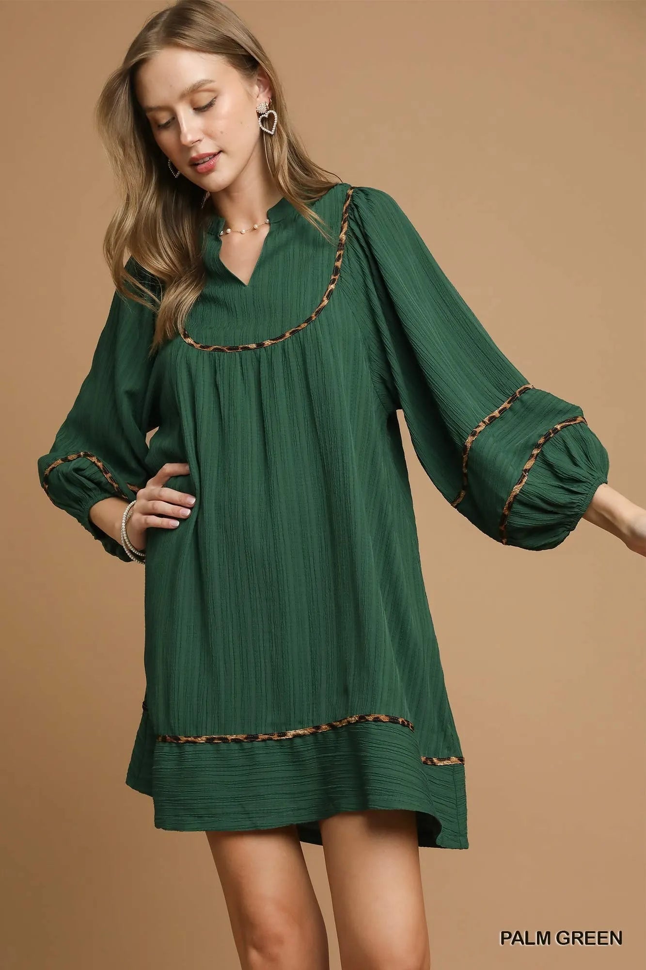 Umgee Textured Babydoll Dress with Leopard Trim - Jennie Dots