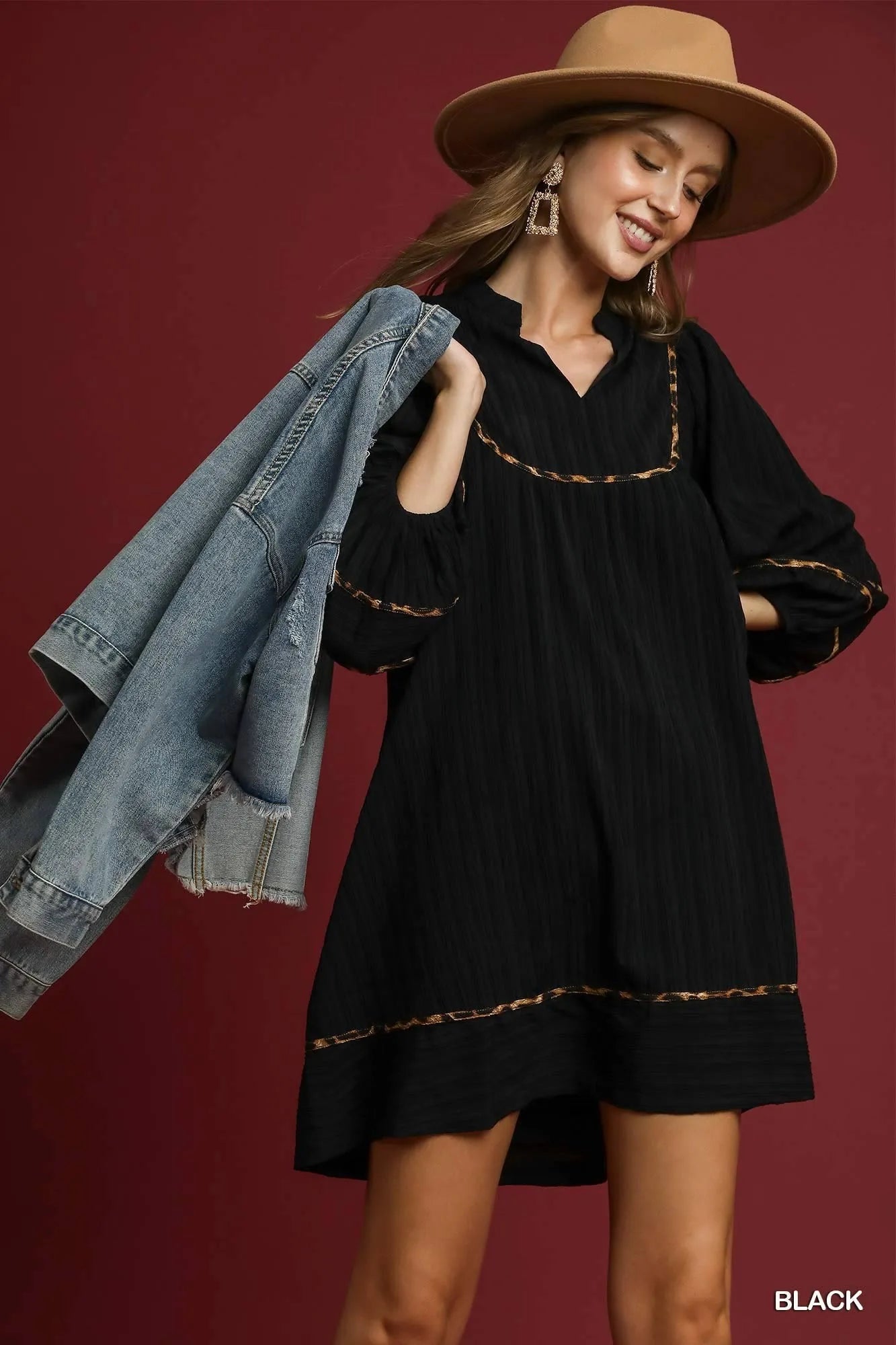 Umgee Textured Babydoll Dress with Leopard Trim - Jennie Dots