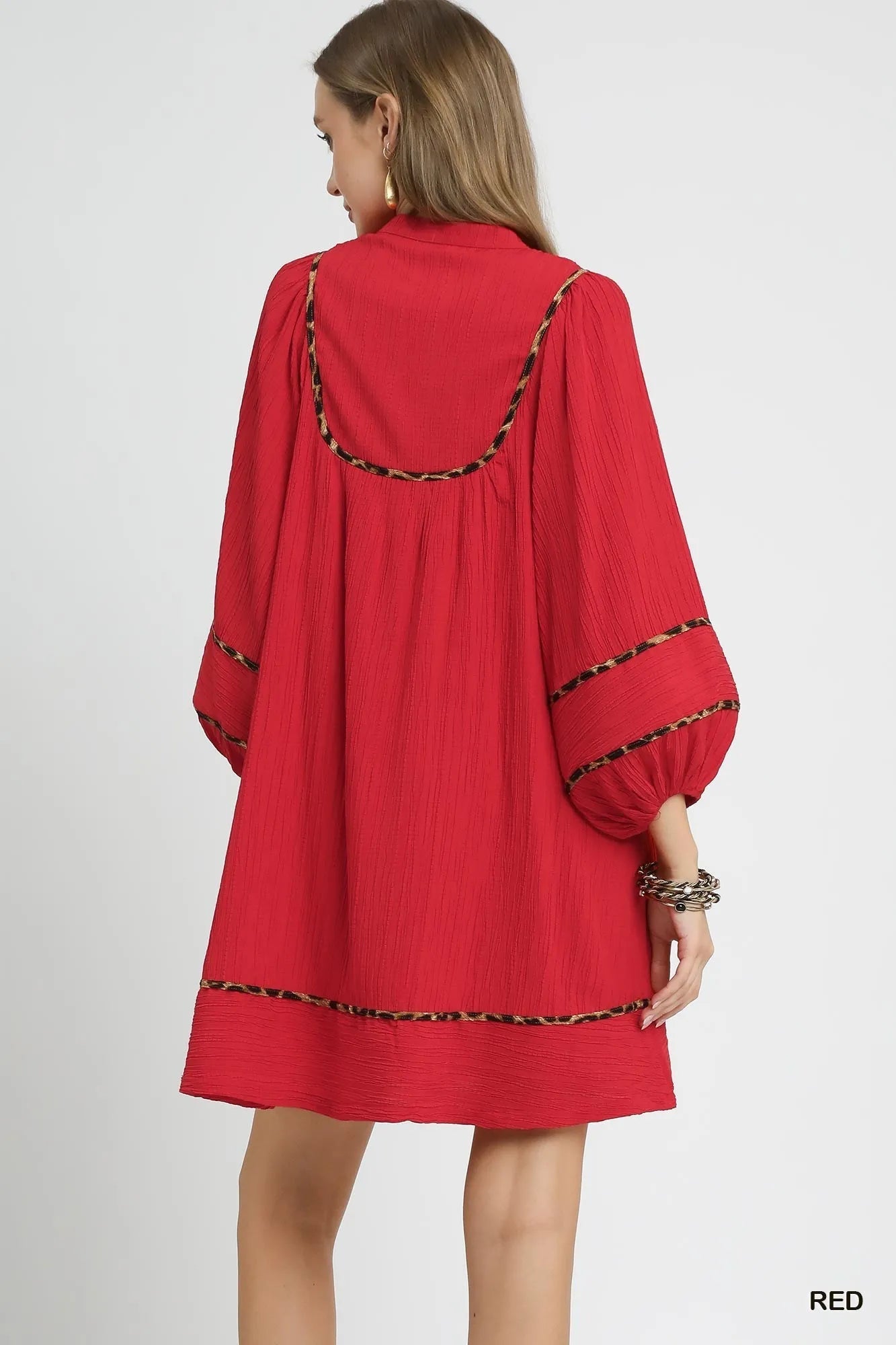 Umgee Textured Babydoll Dress with Leopard Trim - Jennie Dots
