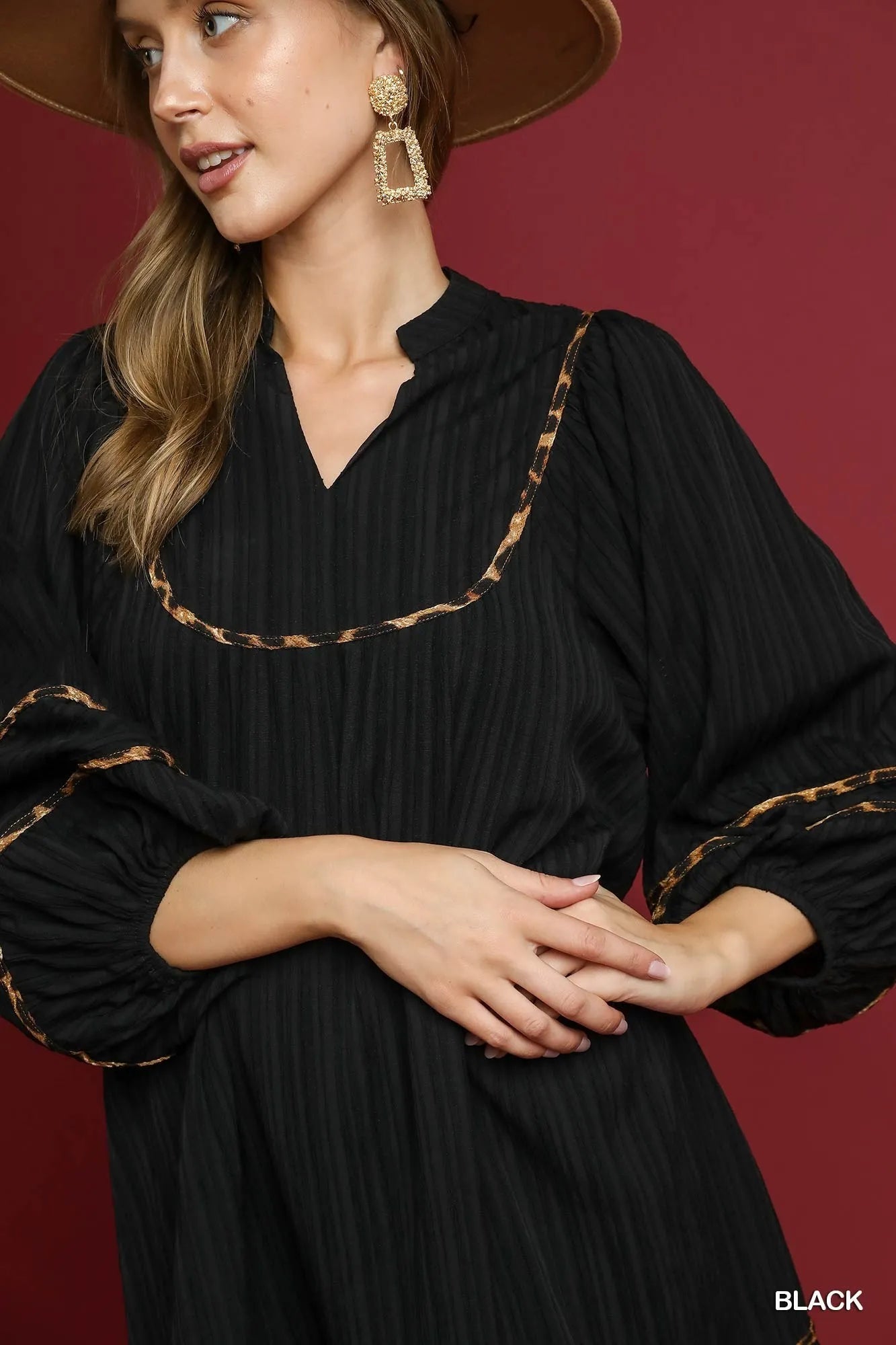 Umgee Textured Babydoll Dress with Leopard Trim - Jennie Dots