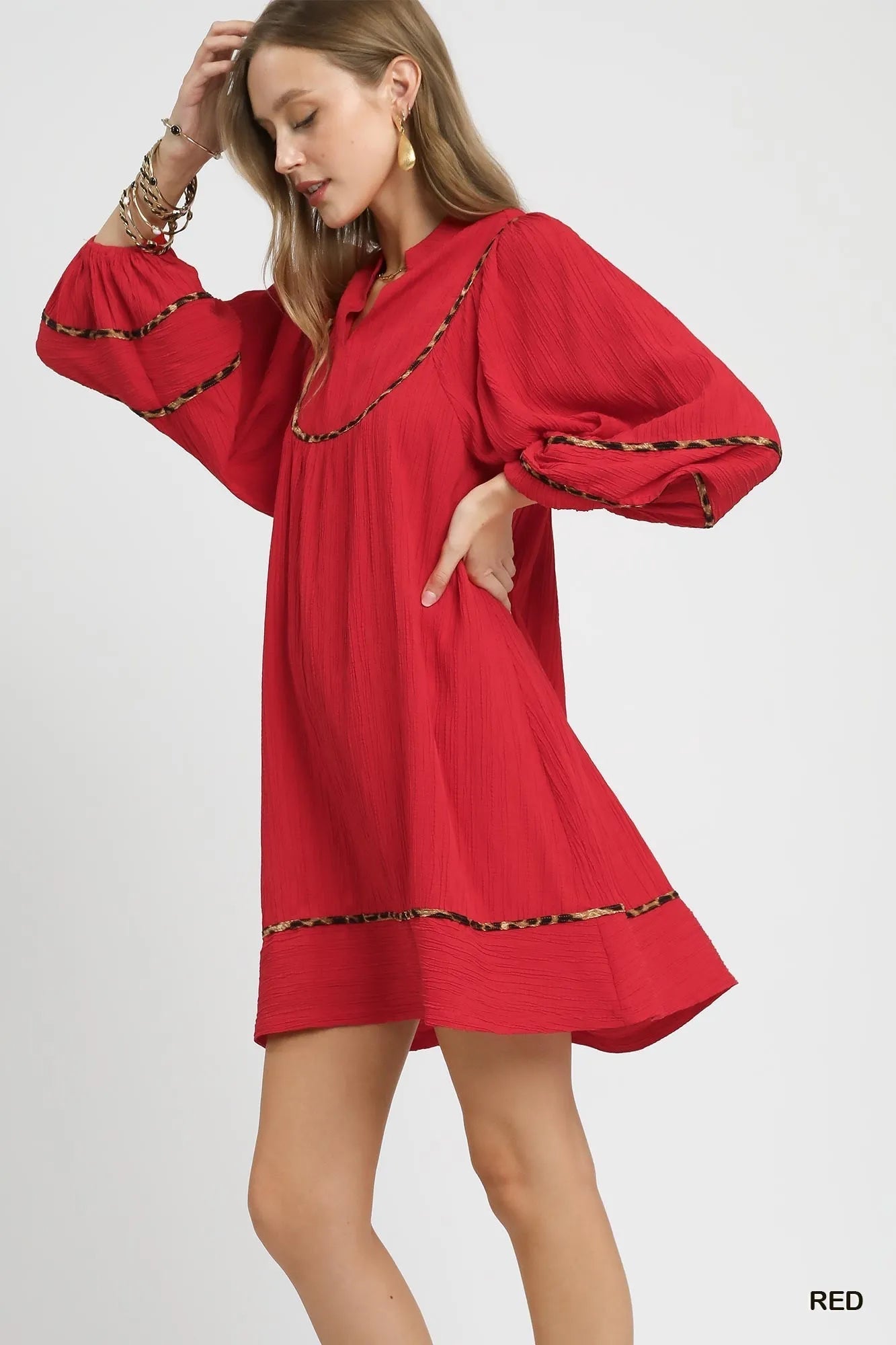 Umgee Textured Babydoll Dress with Leopard Trim - Jennie Dots