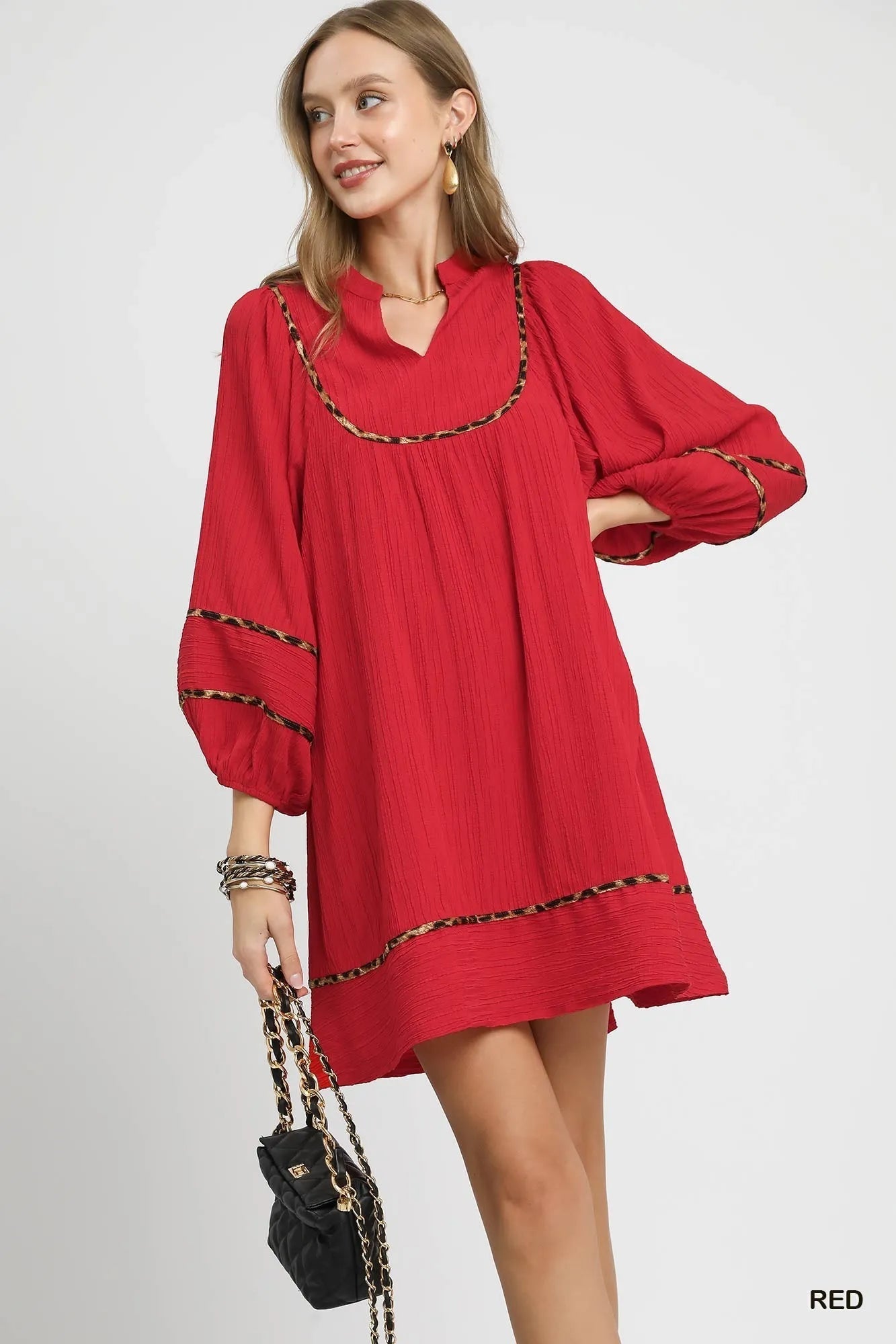 Umgee Textured Babydoll Dress with Leopard Trim - Jennie Dots