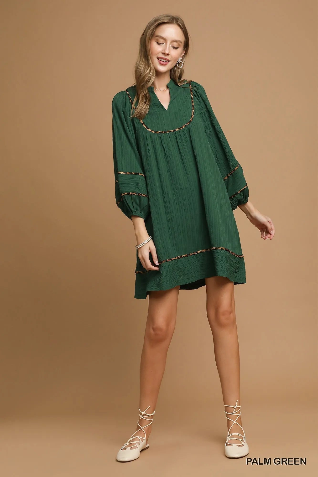 Umgee Textured Babydoll Dress with Leopard Trim - Jennie Dots