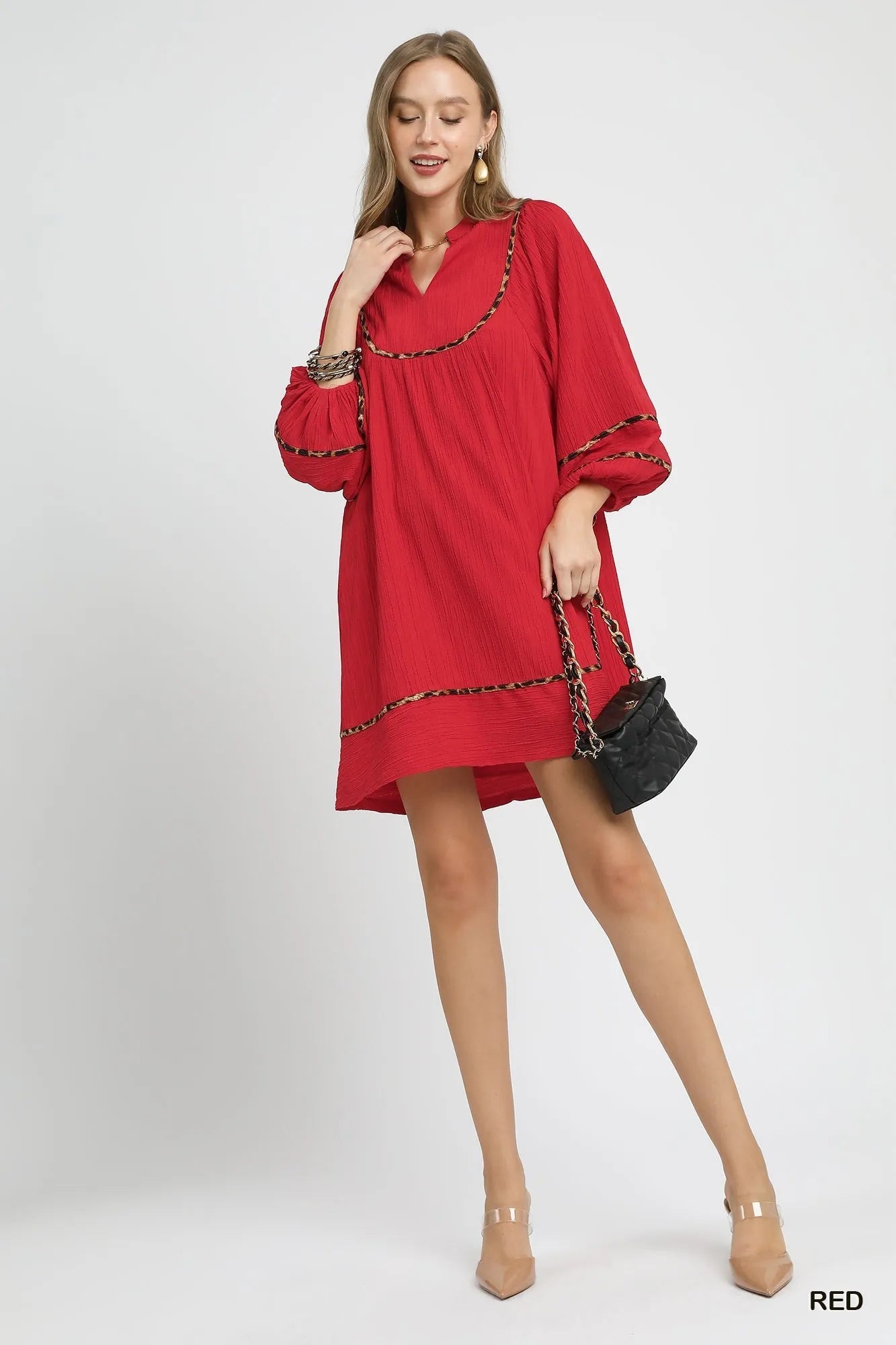 Umgee Textured Babydoll Dress with Leopard Trim - Jennie Dots