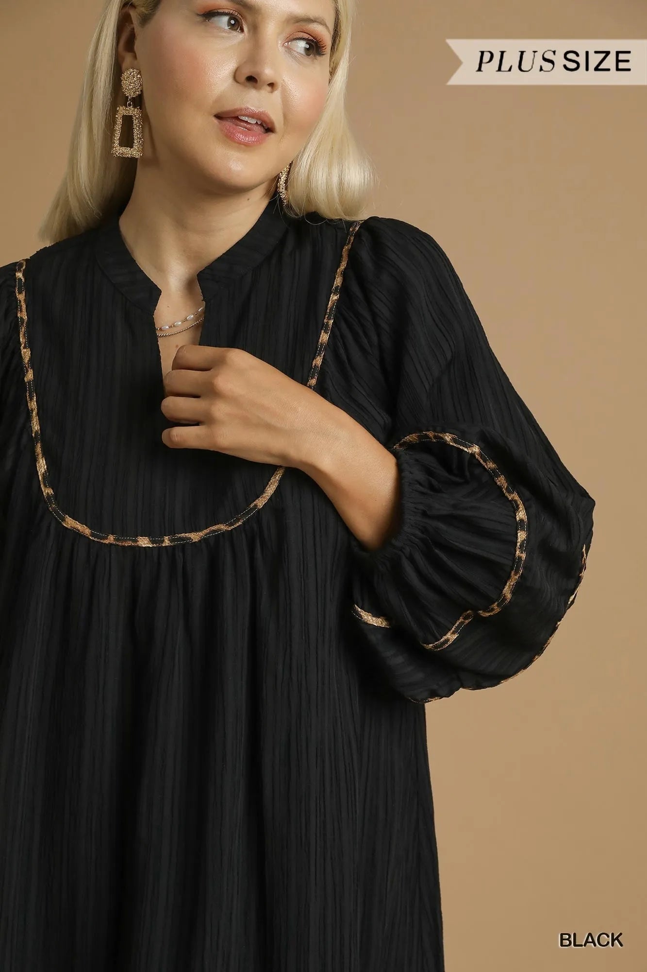 Umgee Textured Babydoll Dress with Leopard Trim - Jennie Dots