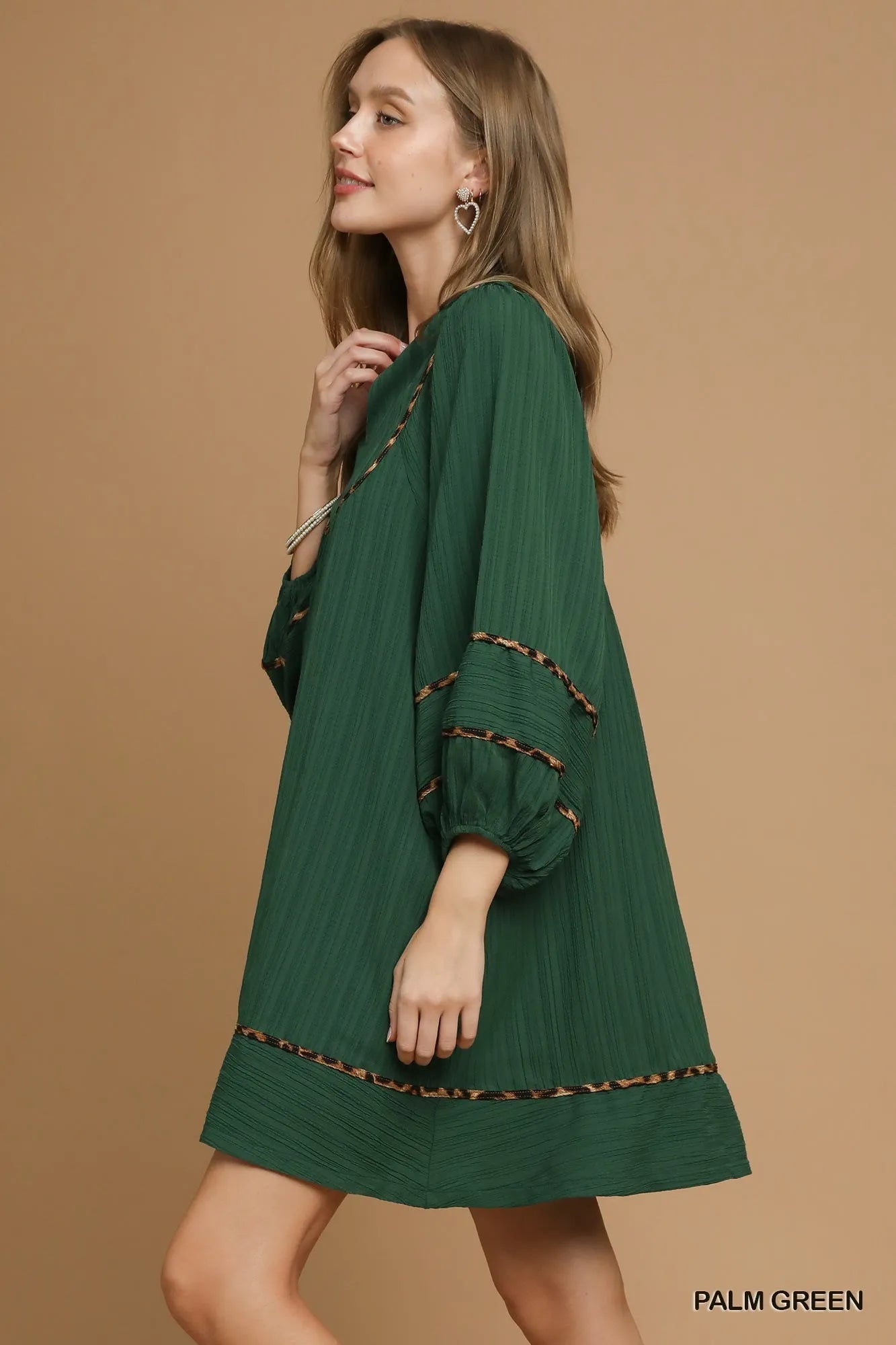 Umgee Textured Babydoll Dress with Leopard Trim - Jennie Dots