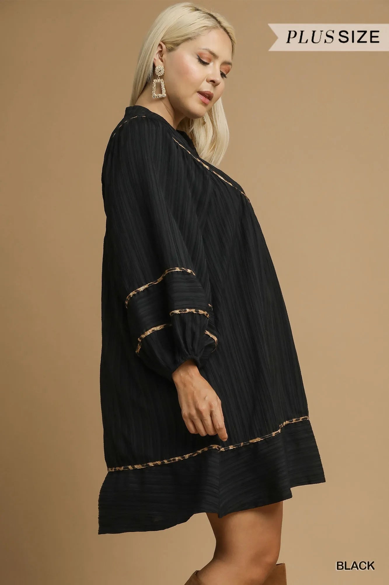 Umgee Textured Babydoll Dress with Leopard Trim - Jennie Dots