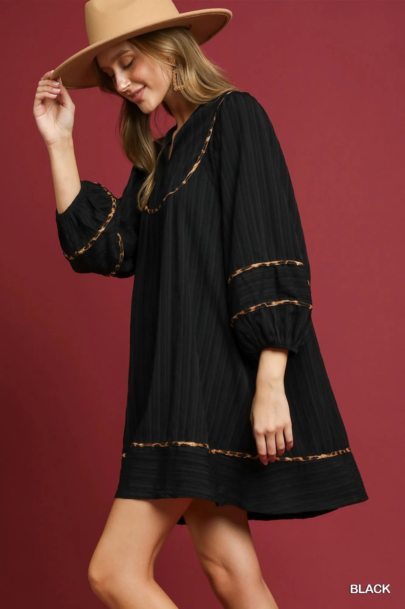 Umgee Textured Babydoll Dress with Leopard Trim - Jennie Dots