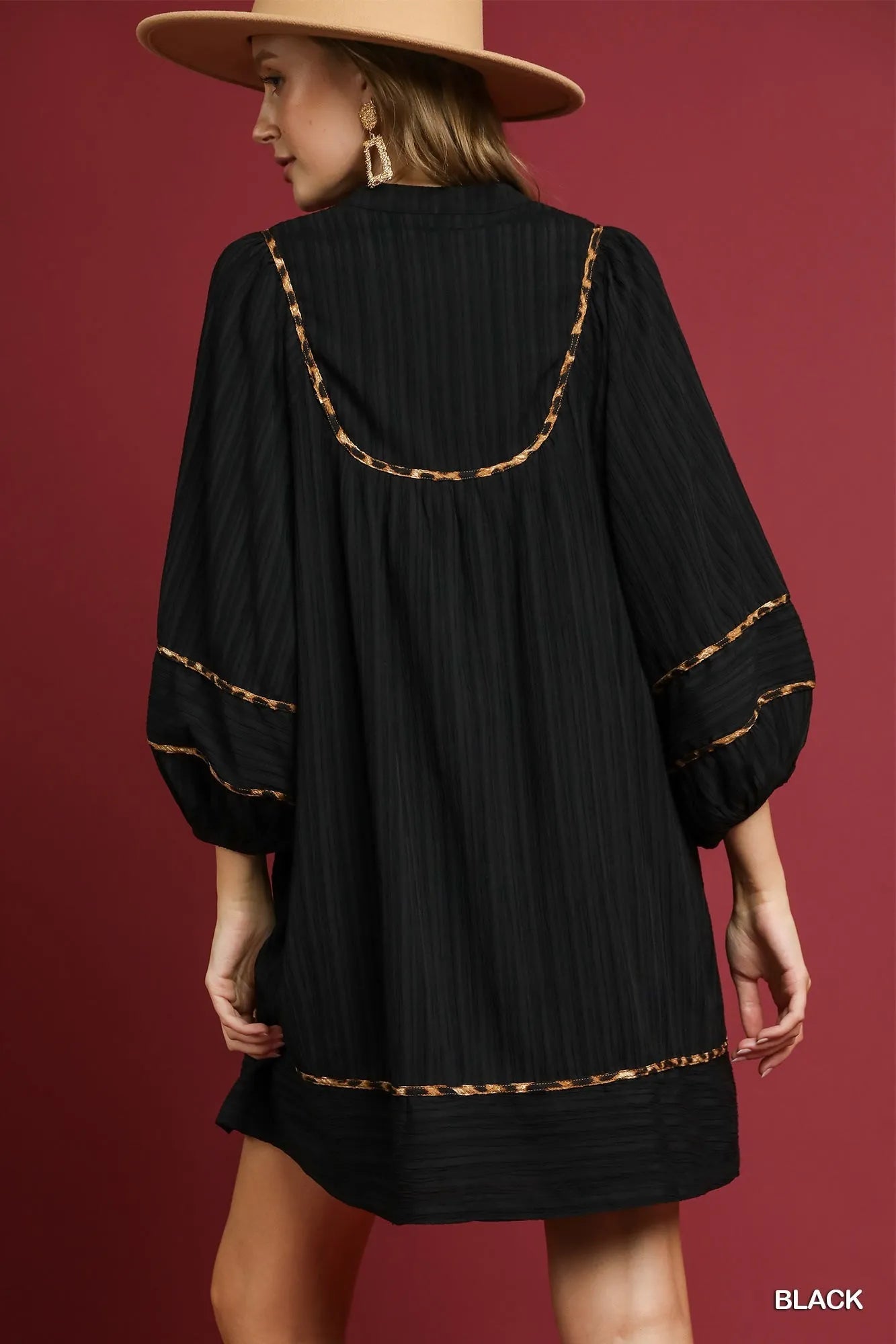 Umgee Textured Babydoll Dress with Leopard Trim - Jennie Dots