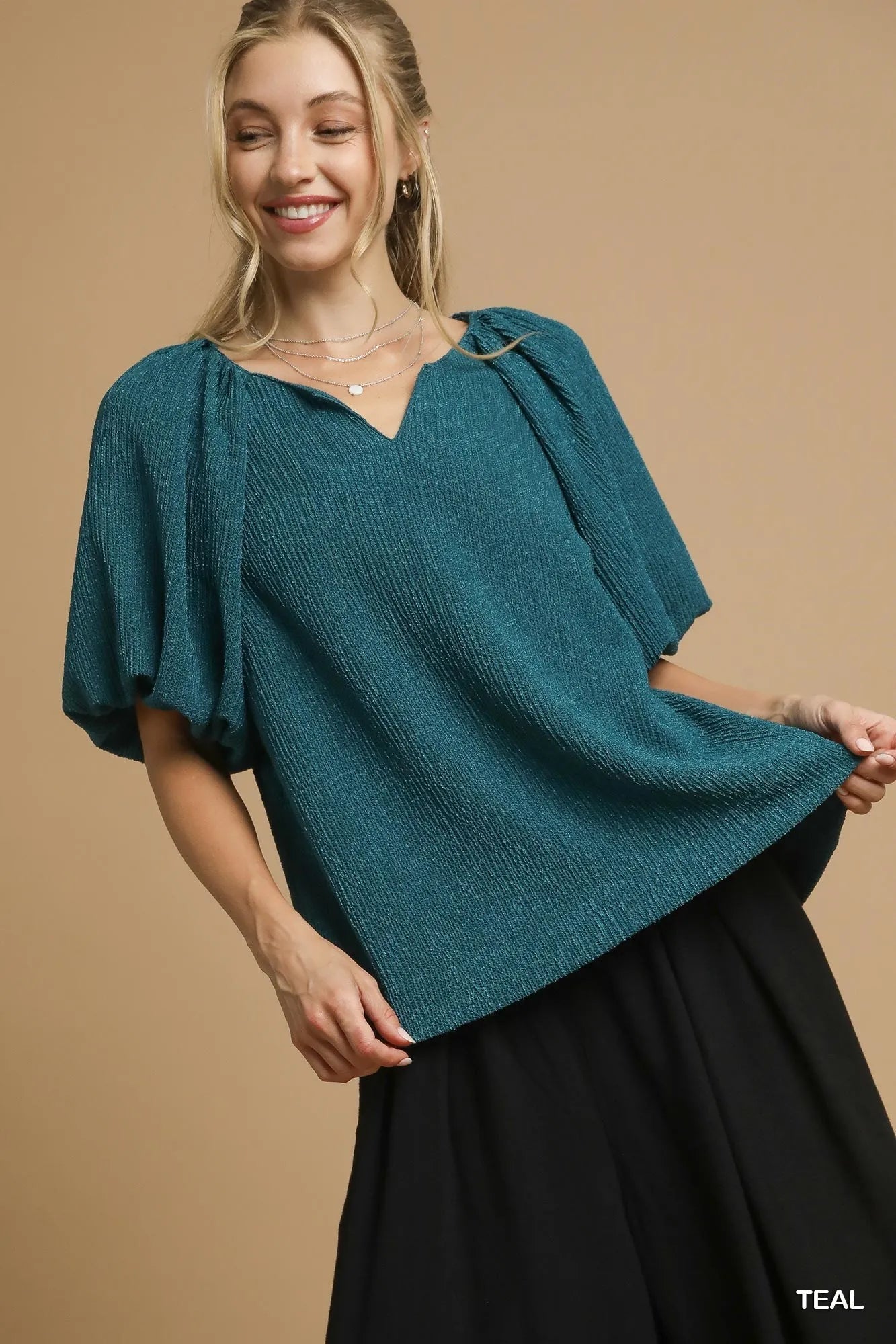 Umgee Textured Flutter Sleeve Notch Neck Top - Jennie Dots