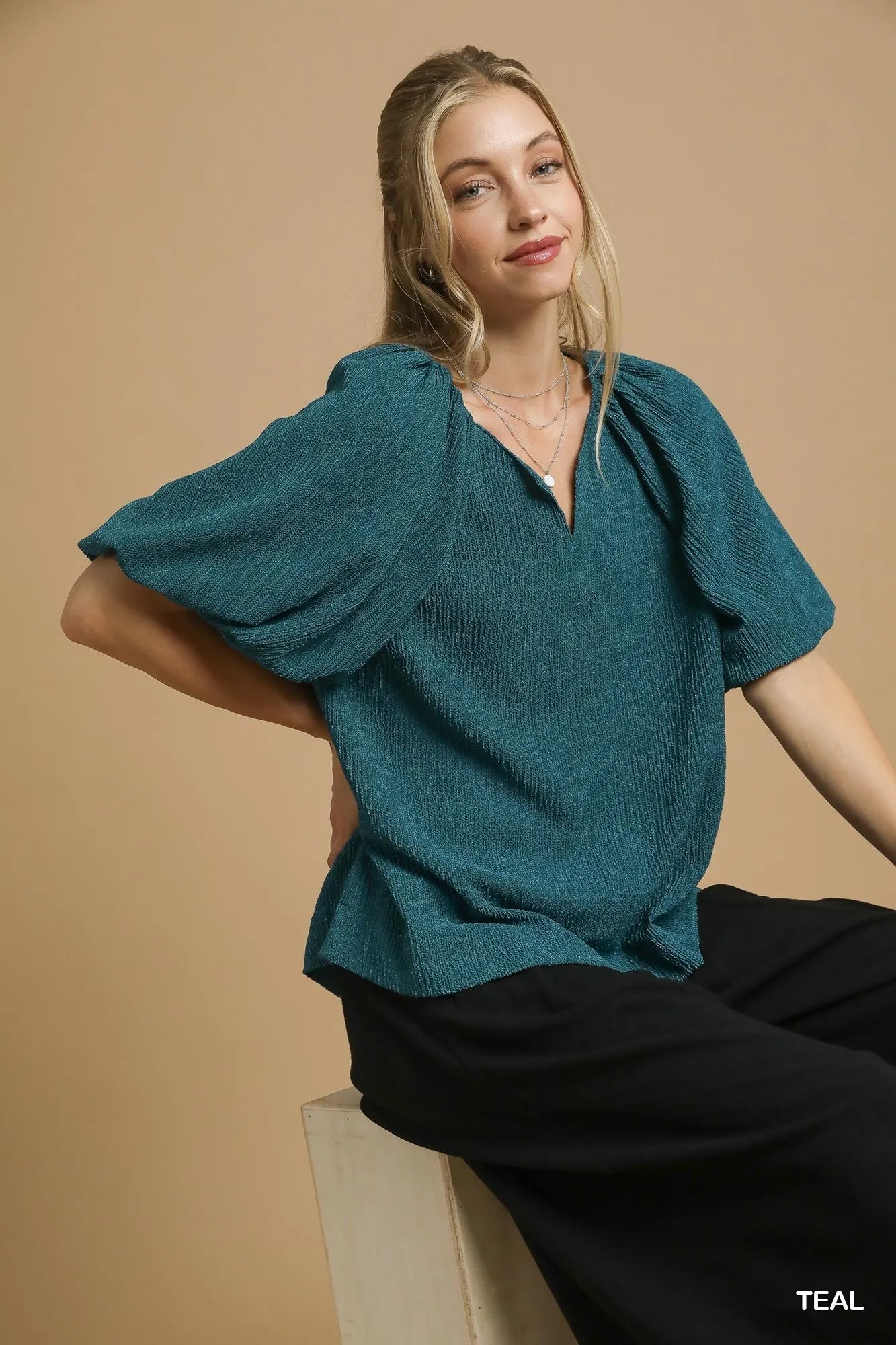 Umgee Textured Flutter Sleeve Notch Neck Top - Jennie Dots