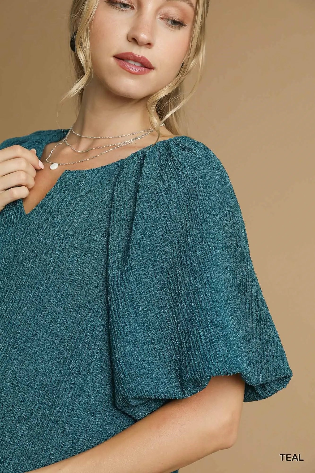 Umgee Textured Flutter Sleeve Notch Neck Top - Jennie Dots