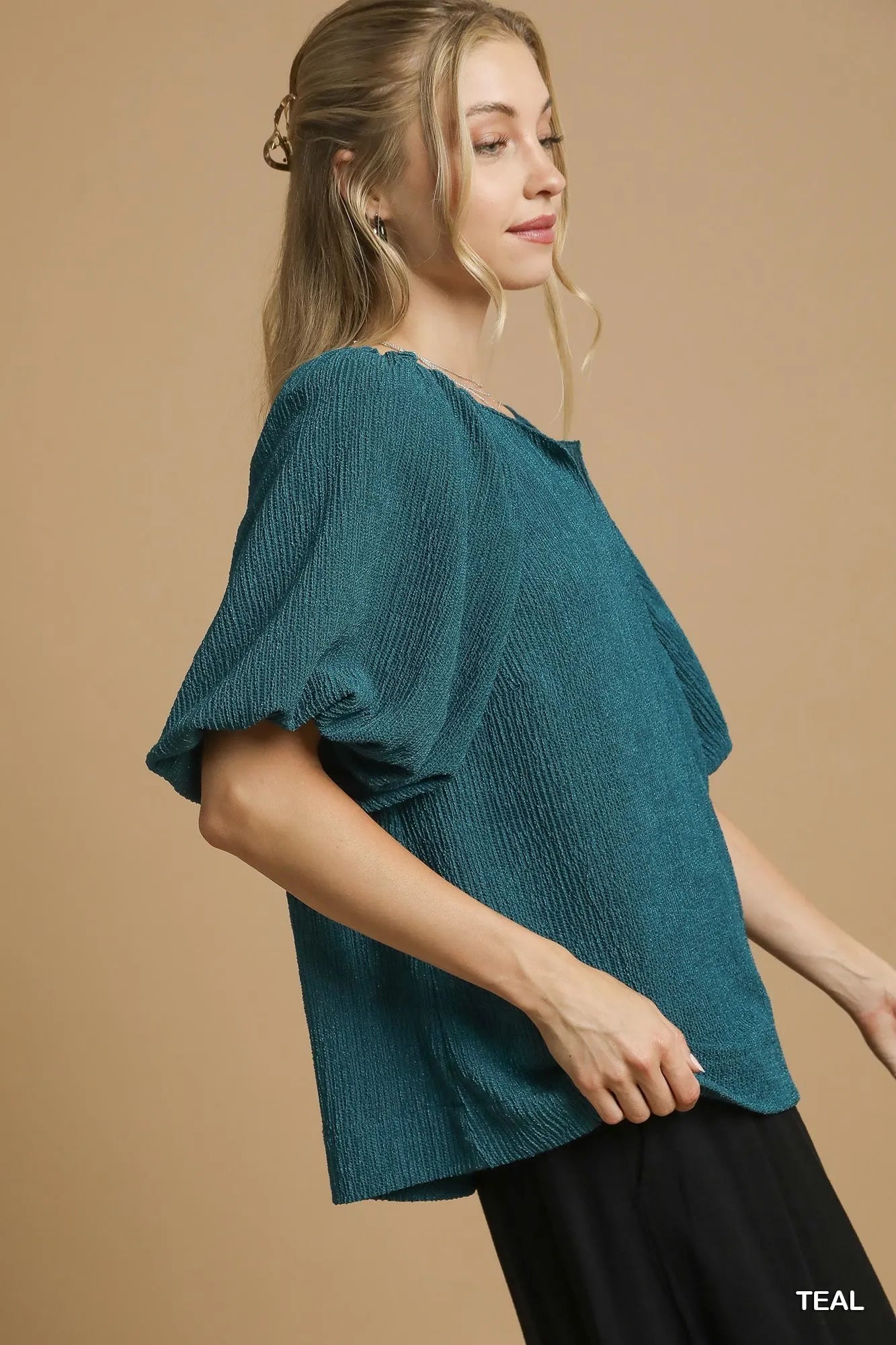 Umgee Textured Flutter Sleeve Notch Neck Top - Jennie Dots