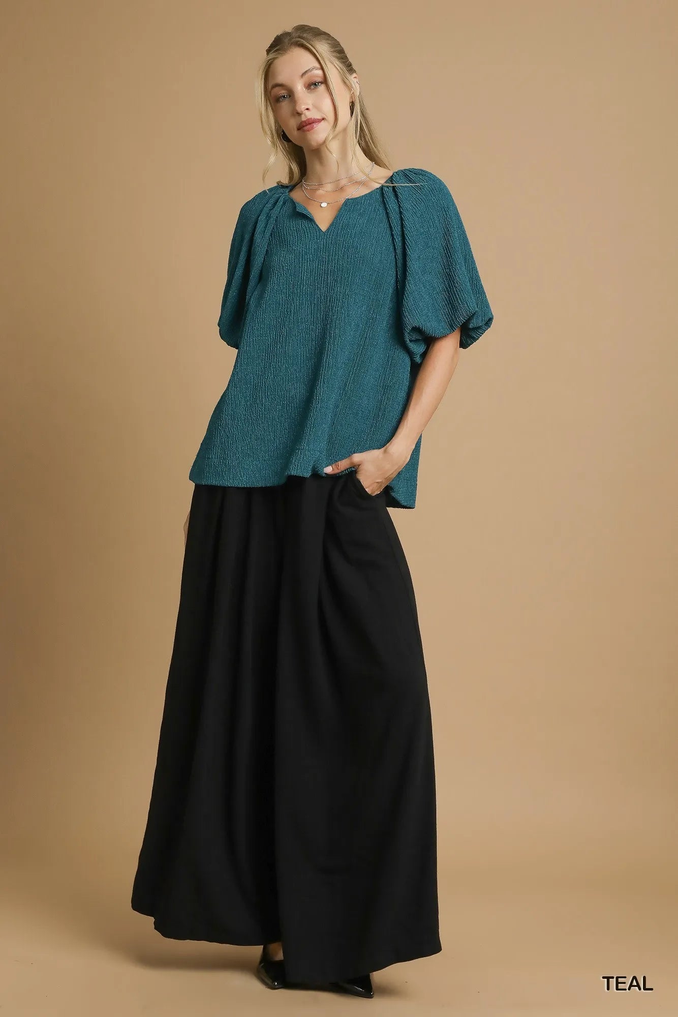 Umgee Textured Flutter Sleeve Notch Neck Top - Jennie Dots