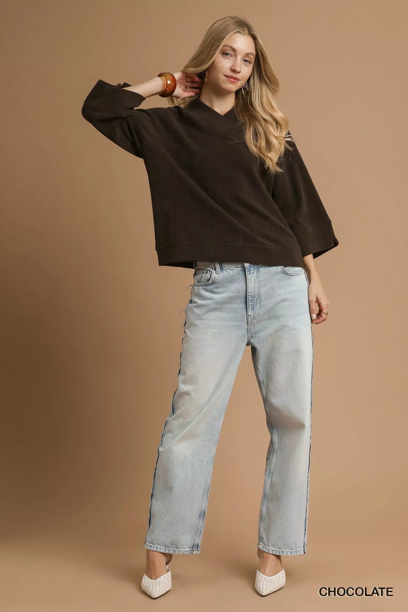 Umgee Textured Knit V - Neck Top - Jennie Dots