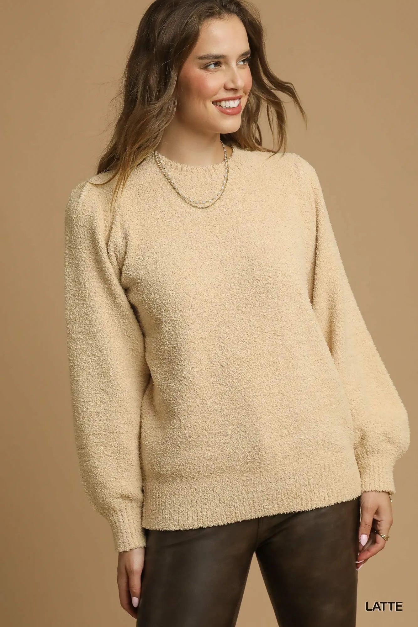 Umgee Textured Long Sleeve Sweater with Ribbed Trim - Jennie Dots