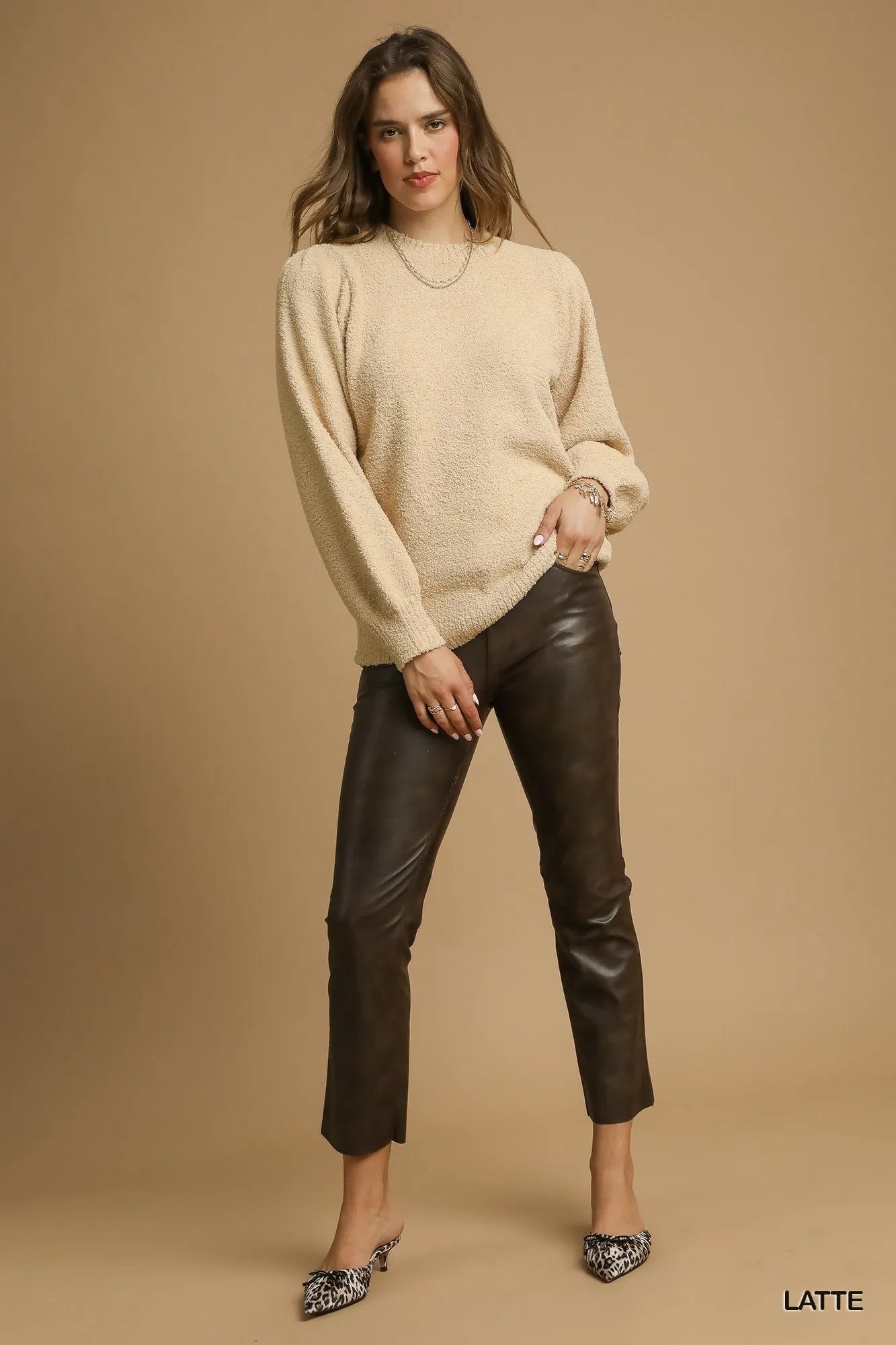 Umgee Textured Long Sleeve Sweater with Ribbed Trim - Jennie Dots