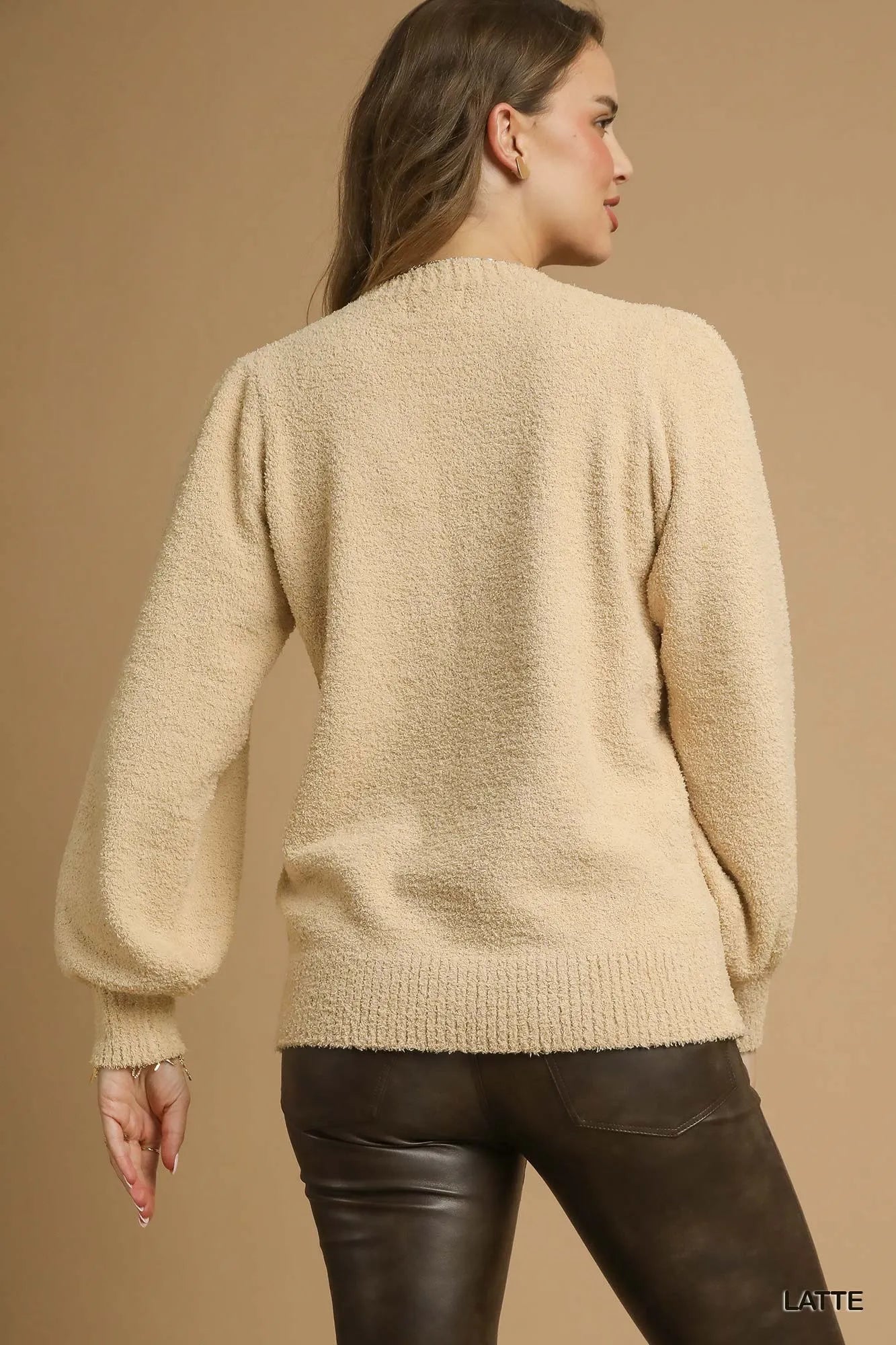 Umgee Textured Long Sleeve Sweater with Ribbed Trim - Jennie Dots