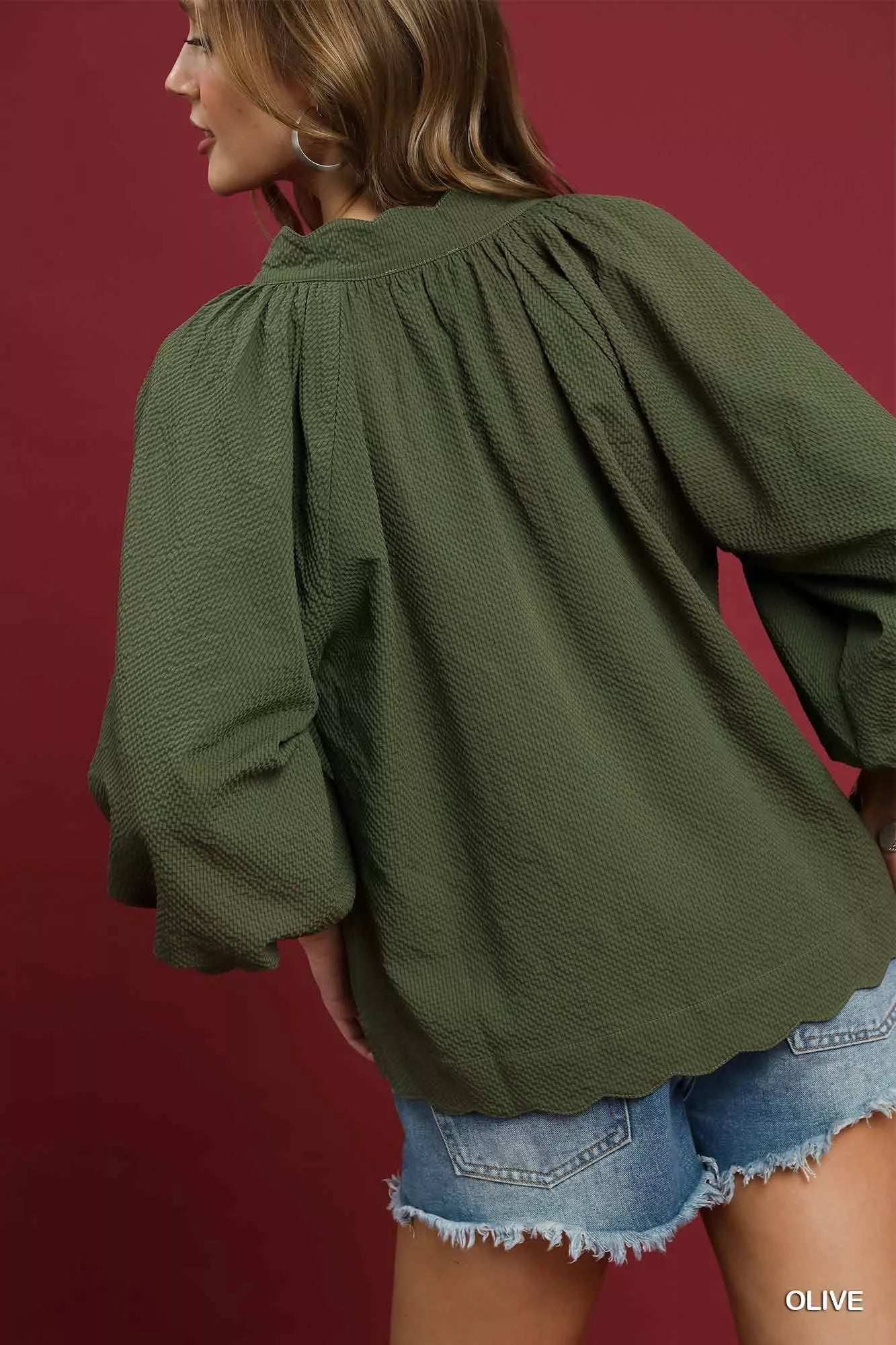 Umgee Textured Notched Balloon Sleeve Blouse - Jennie Dots