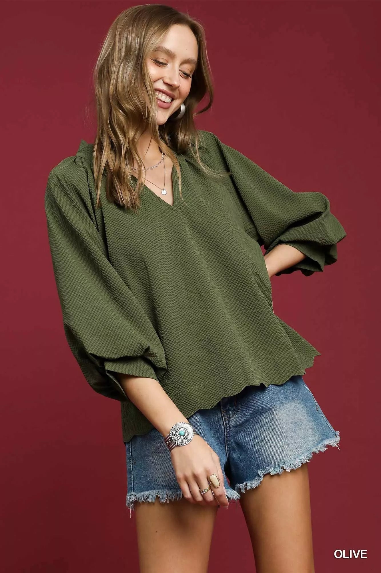 Umgee Textured Notched Balloon Sleeve Blouse - Jennie Dots
