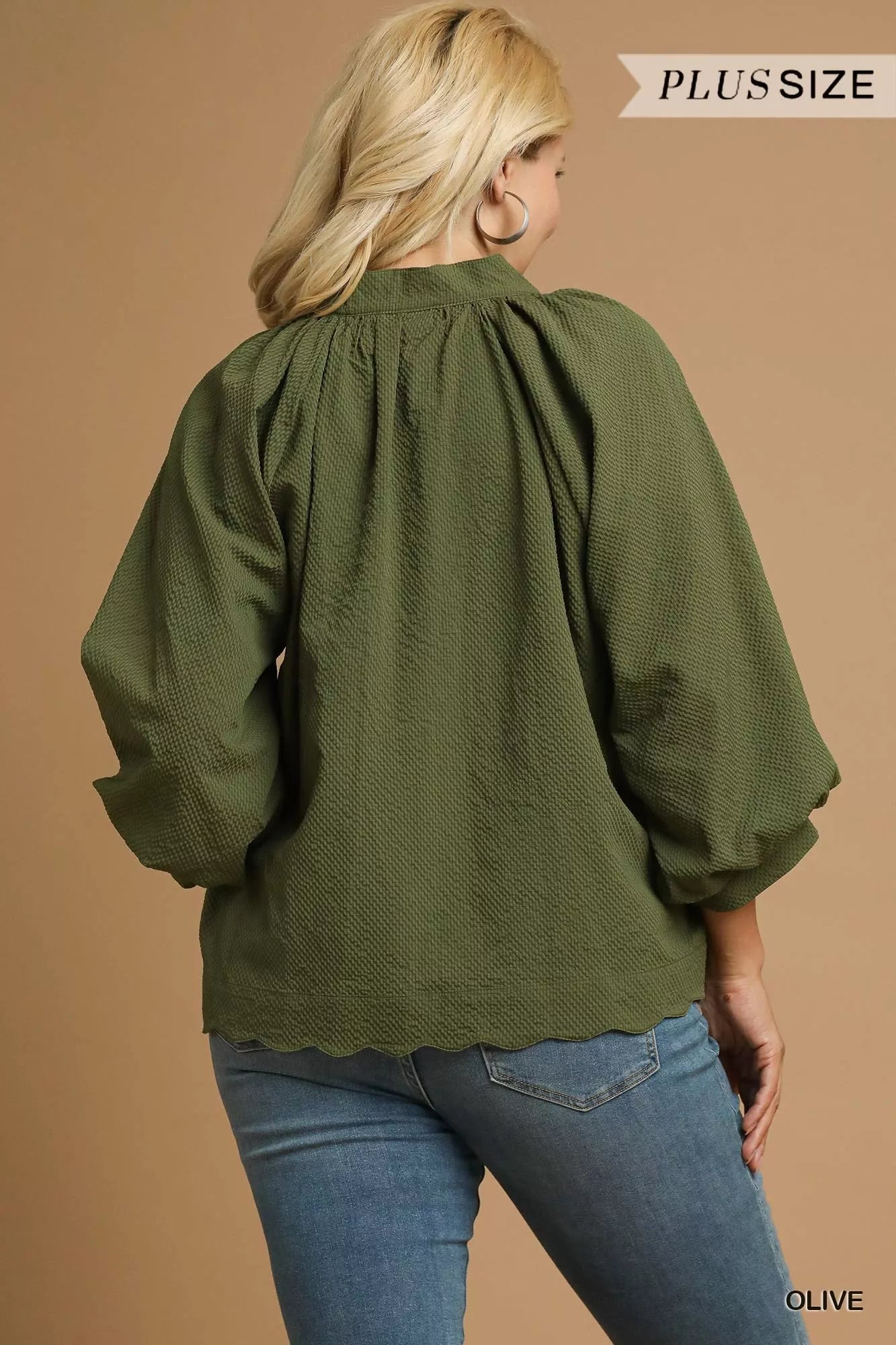 Umgee Textured Notched Balloon Sleeve Blouse - Jennie Dots