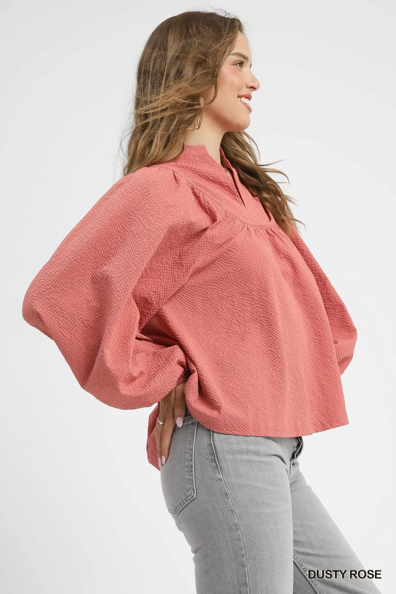 Umgee Textured Notched Blouse with Balloon Sleeves - Jennie Dots