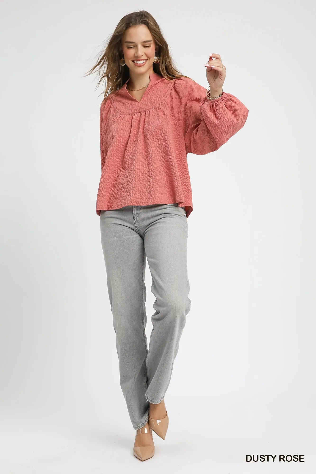 Umgee Textured Notched Blouse with Balloon Sleeves - Jennie Dots