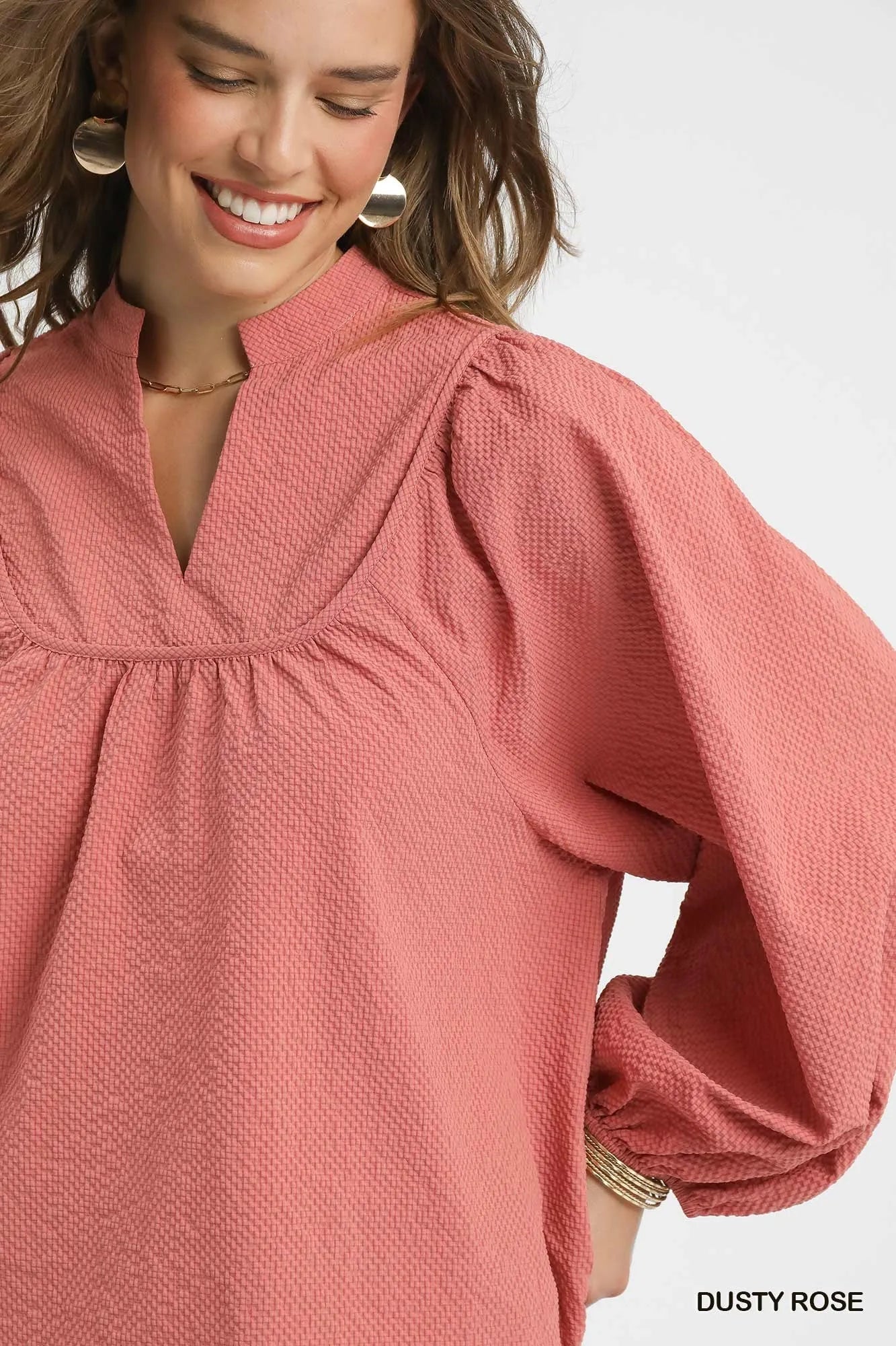 Umgee Textured Notched Blouse with Balloon Sleeves - Jennie Dots