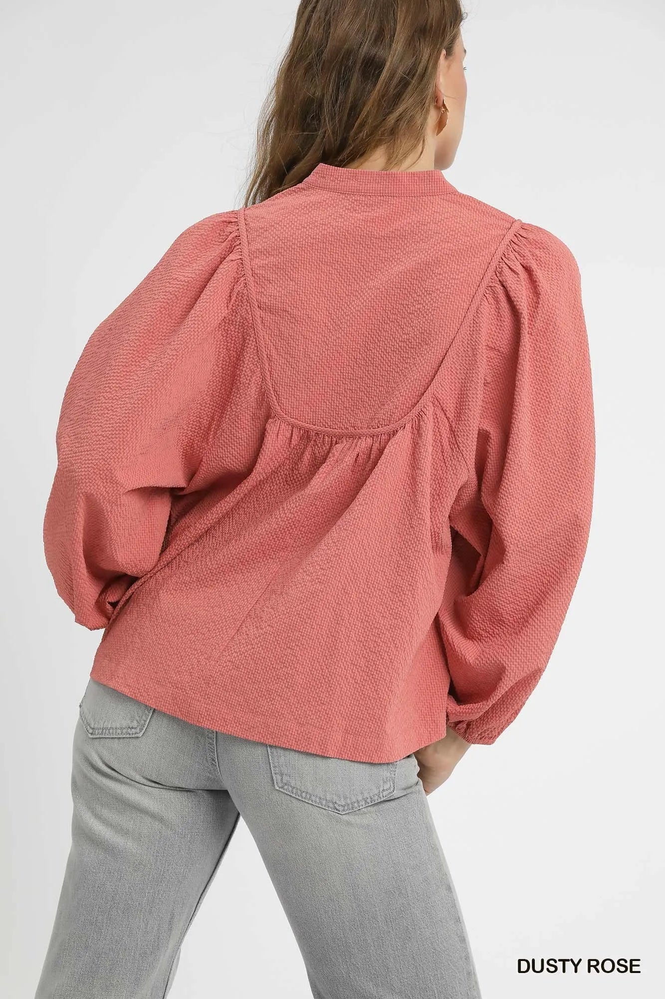 Umgee Textured Notched Blouse with Balloon Sleeves - Jennie Dots
