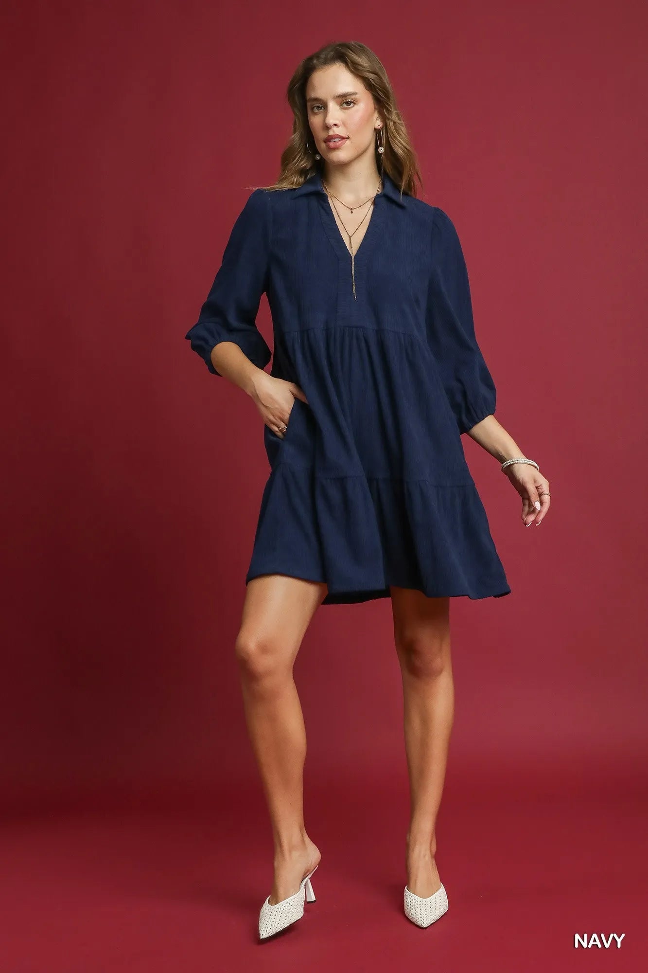 Umgee Tiered Corduroy Mini Dress with Balloon Sleeves - Jennie Dots