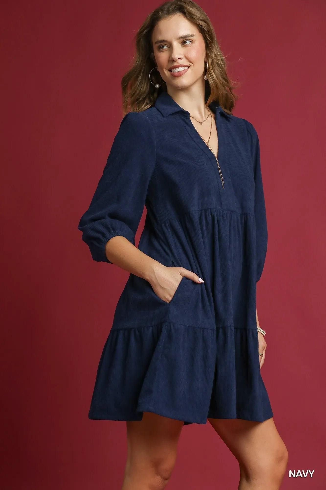 Umgee Tiered Corduroy Mini Dress with Balloon Sleeves - Jennie Dots